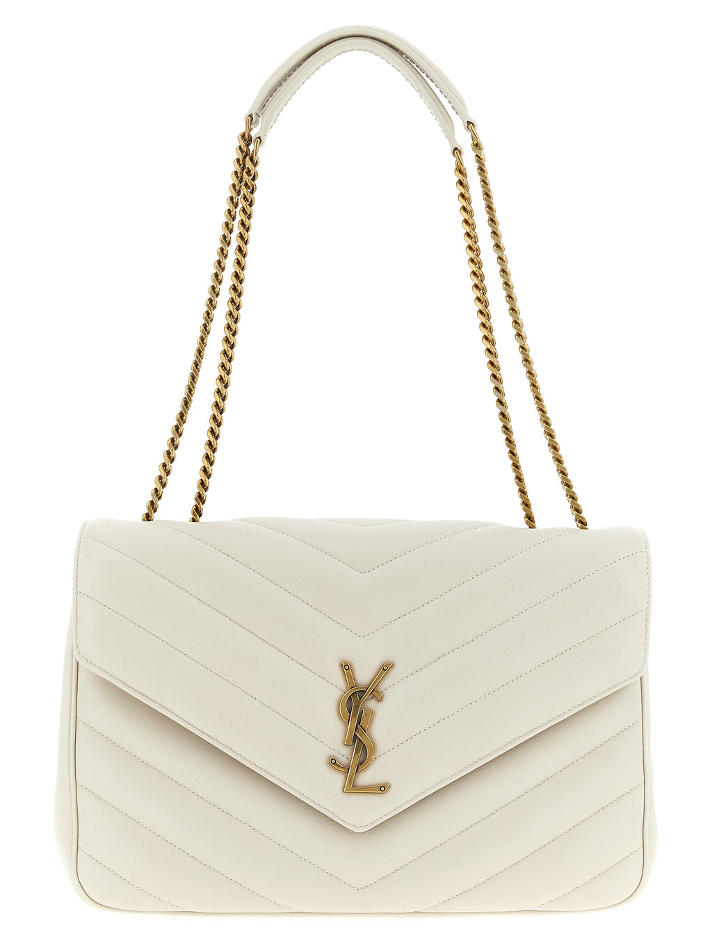Sac à bandoulière en cuir d'agneau beige de Saint Laurent, élégant et sophistiqué, avec détails en or et finition raffinée.