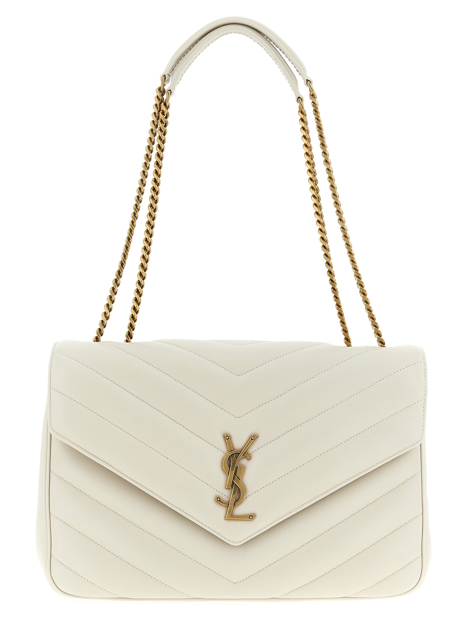 Sac à bandoulière en cuir d'agneau beige de Saint Laurent, élégant et sophistiqué, avec détails en or et finition raffinée.