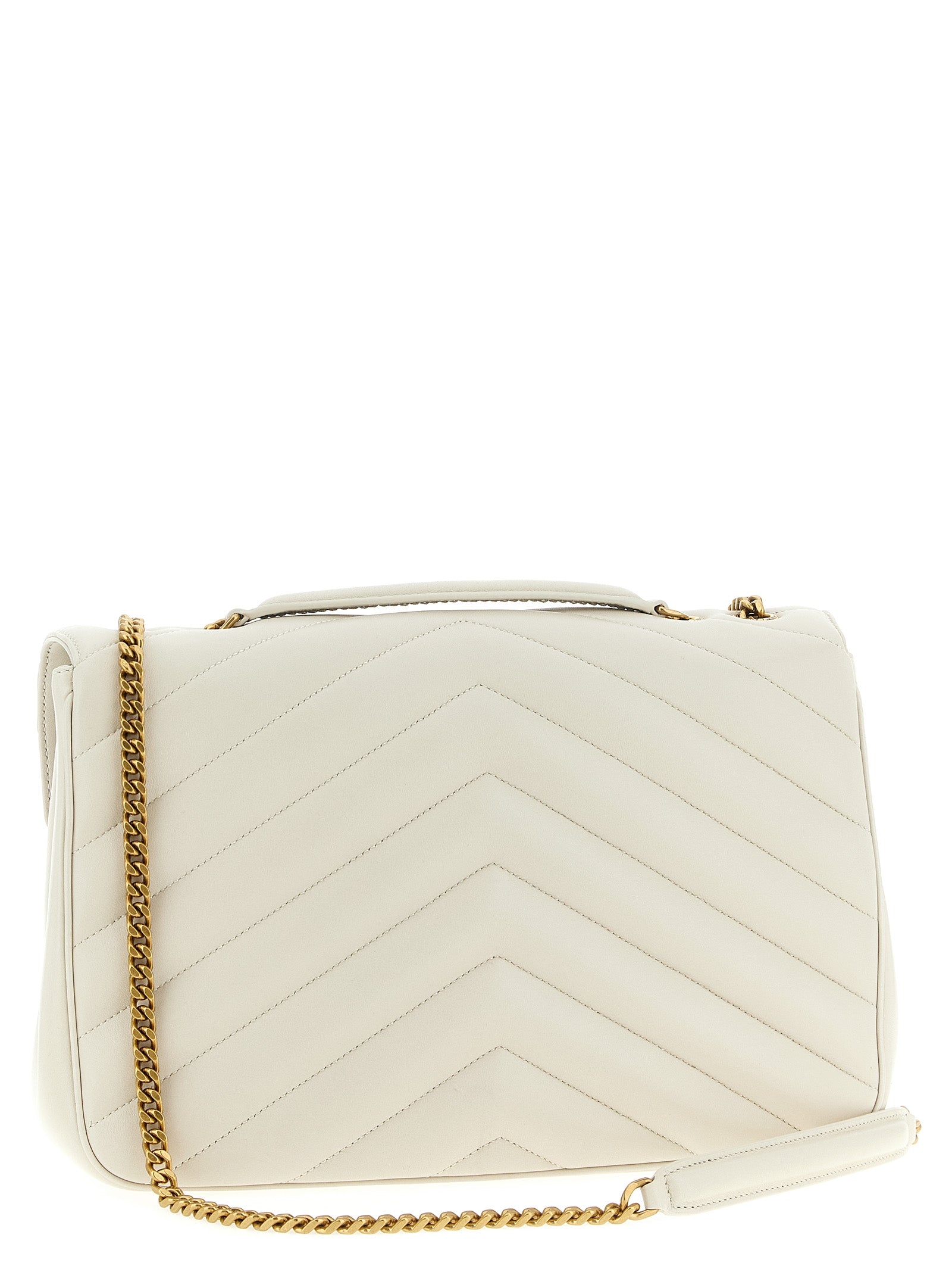 Sac à main beige en cuir d'agneau de Saint Laurent avec bandoulière et détails élégants, vue de face.