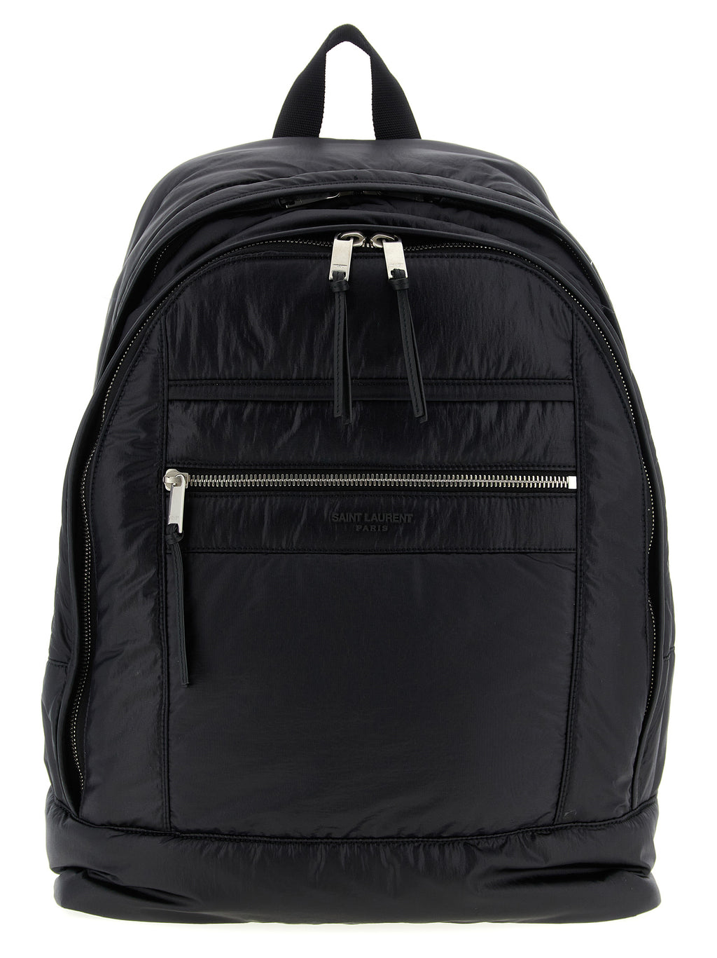 Sac à dos en cuir de veau noir de Saint Laurent, avec détails élégants et design sophistiqué, vue de face.