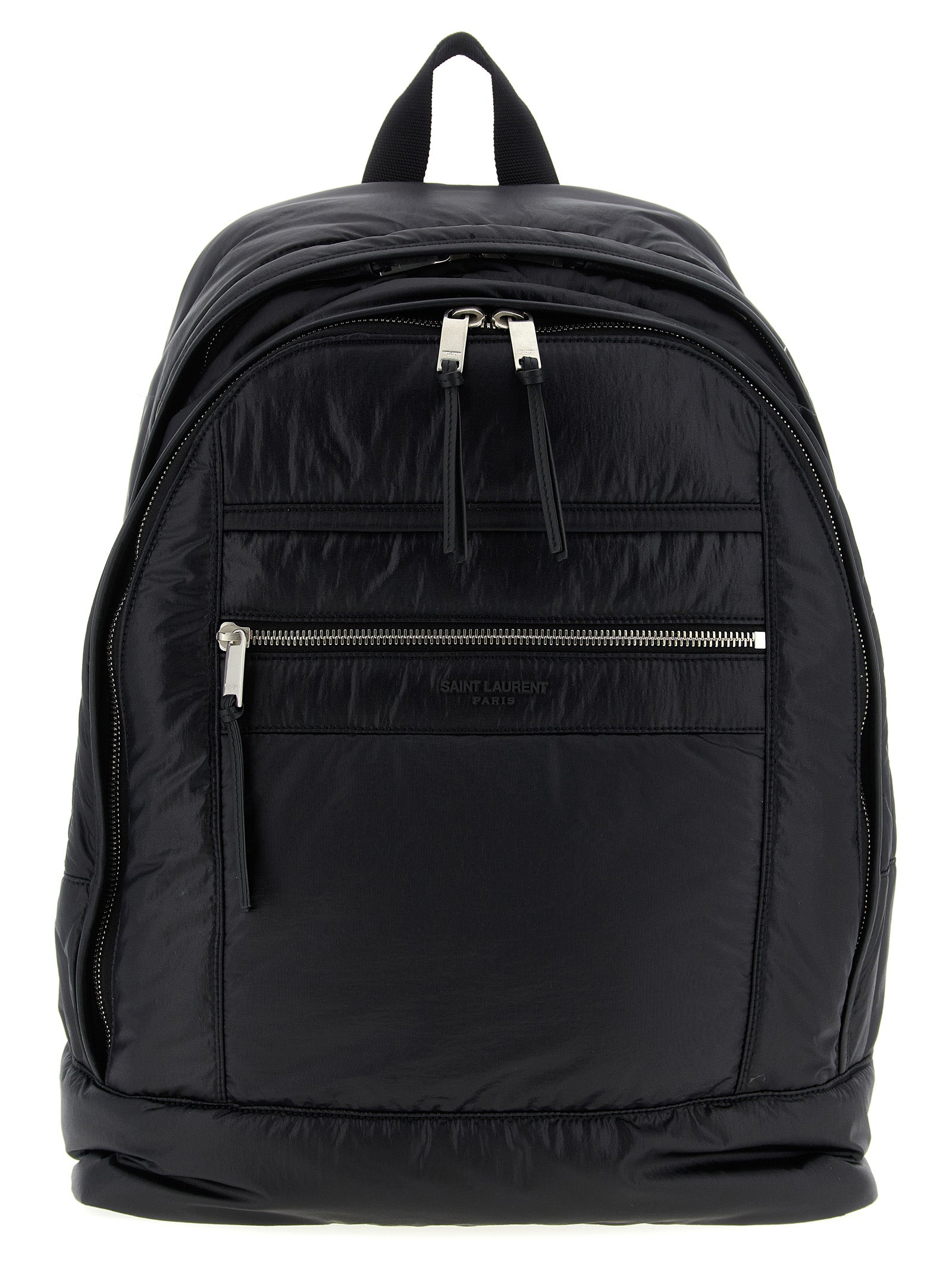 Sac à dos en cuir de veau noir de Saint Laurent, avec détails élégants et design sophistiqué, vue de face.