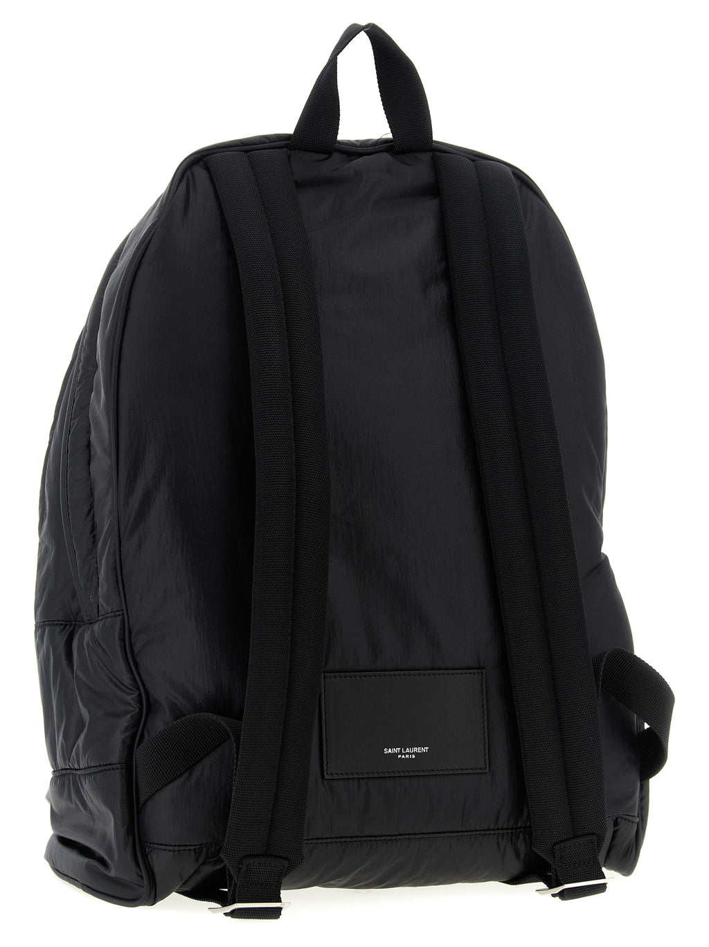 Sac à dos en cuir de veau noir Saint Laurent avec détails élégants et bandoulière ajustable, vue de face.