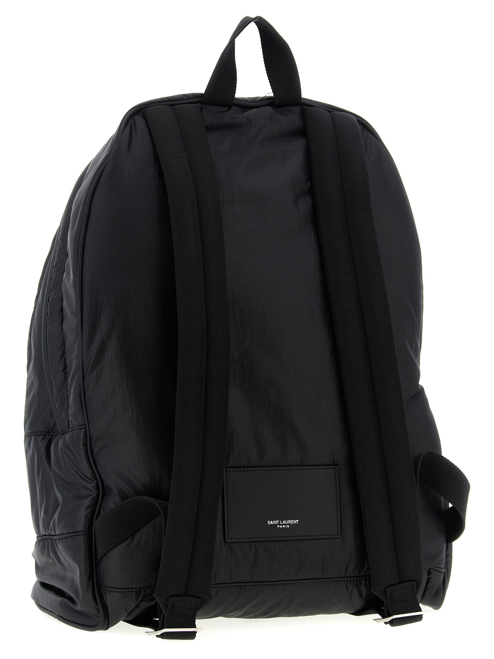 Sac à dos en cuir de veau noir Saint Laurent avec détails élégants et bandoulière ajustable, vue de face.