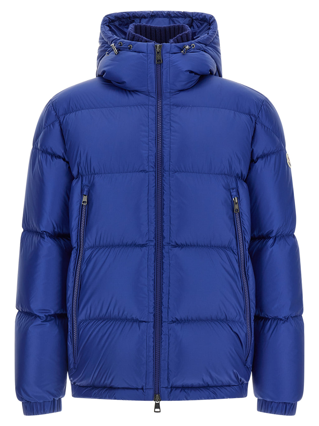 Veste longue en polyamide bleue Moncler, coupe élégante, avec fermeture éclair et capuche, pour un style chaud et sophistiqué.