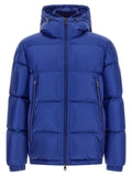 Veste longue en polyamide bleue Moncler, coupe élégante, avec fermeture éclair et capuche, pour un style chaud et sophistiqué.