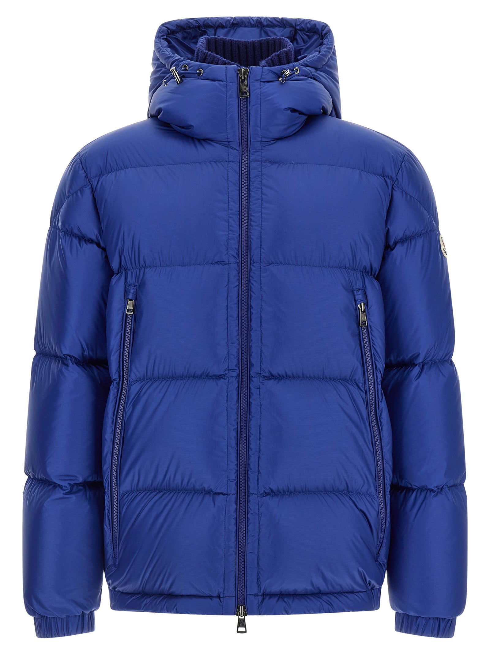 Veste longue en polyamide bleue Moncler, coupe élégante, avec fermeture éclair et capuche, pour un style chaud et sophistiqué.