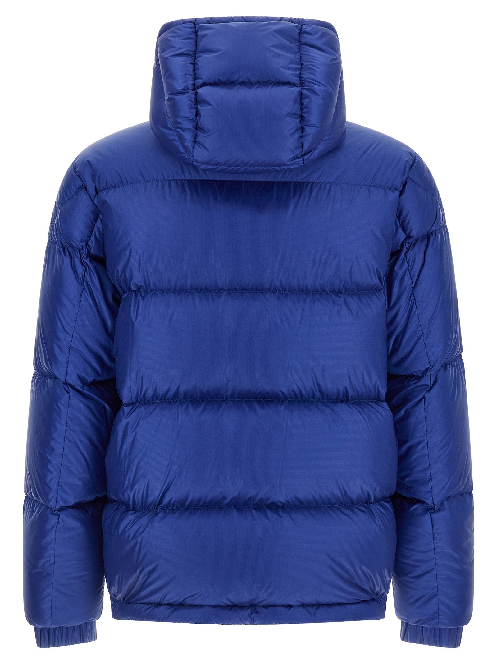 Veste longue en polyamide bleue Moncler, coupe ajustée, avec capuche et fermeture éclair, idéale pour l'hiver.
