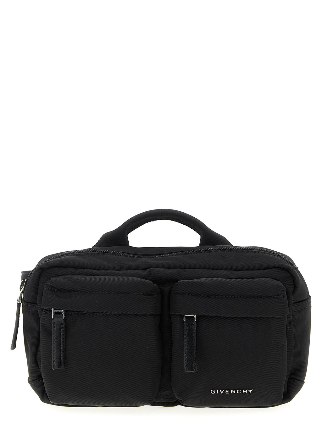Sac à bandoulière Givenchy en polyamide noir, vue de face avec détails du design élégant et logo de la marque.