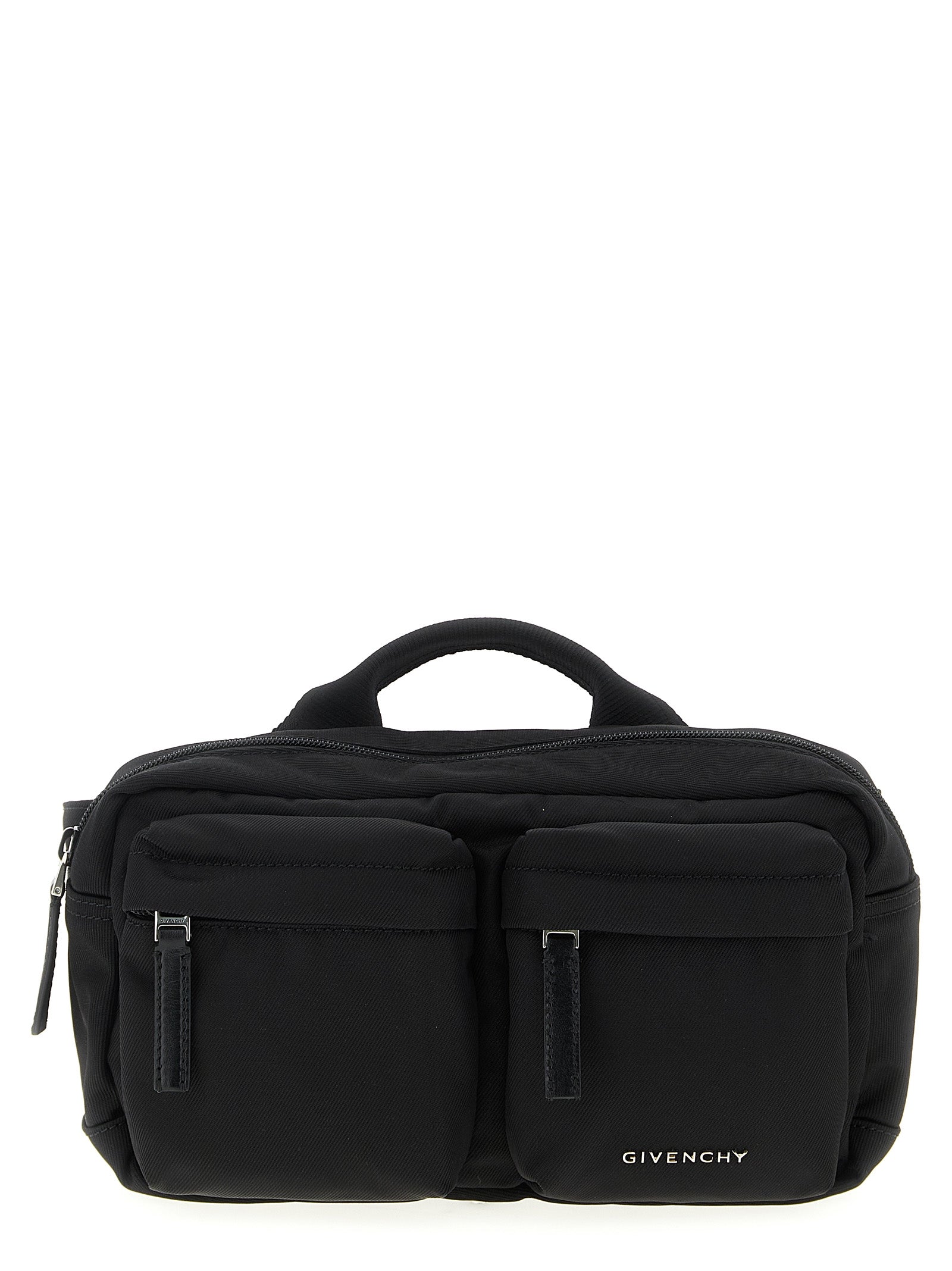 Sac à bandoulière Givenchy en polyamide noir, vue de face avec détails du design élégant et logo de la marque.