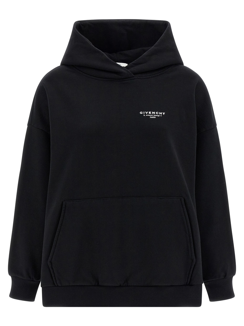 Sweat à capuche Givenchy en coton bicolore avec logo, noir et blanc, style décontracté et moderne.