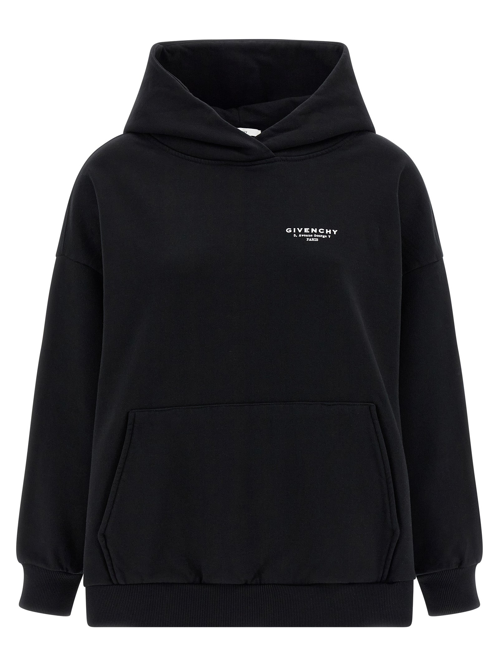 Sweat à capuche Givenchy en coton bicolore avec logo, noir et blanc, style décontracté et moderne.