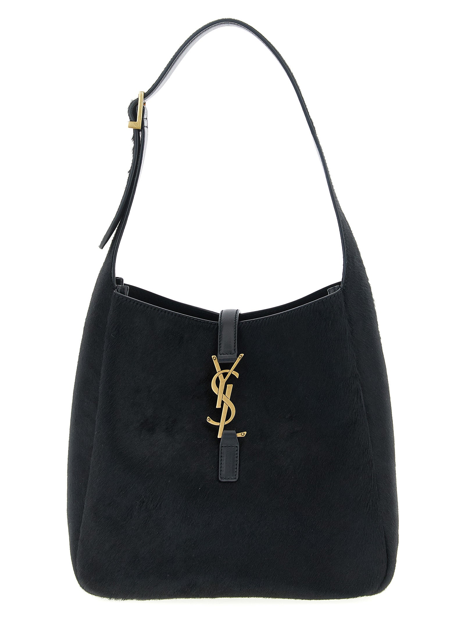 Sac à main Saint Laurent en cuir de veau noir, sac à épaule élégant avec détails sophistiqués.