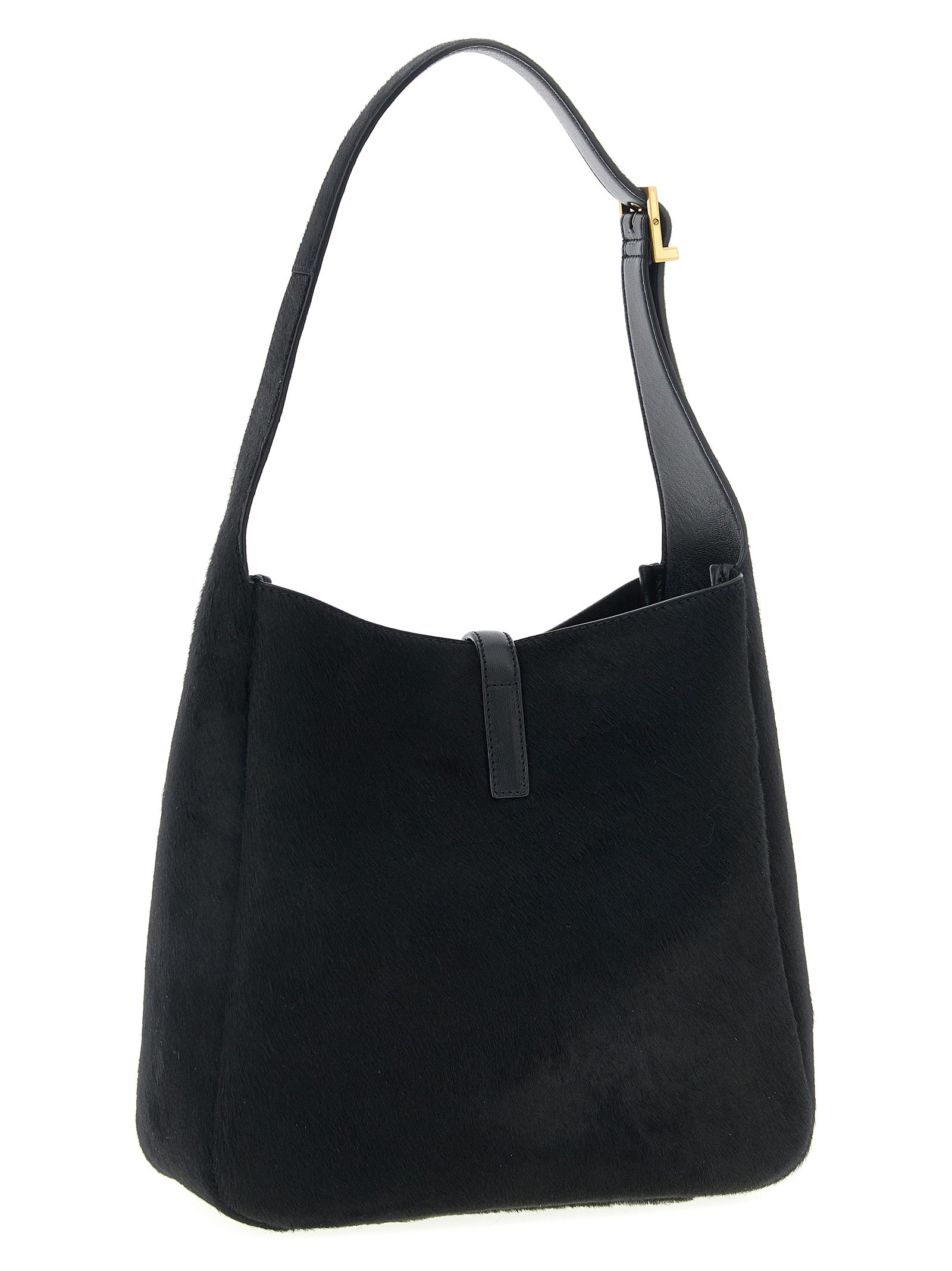 Sac à épaule en cuir de veau noir de Saint Laurent, élégant et sophistiqué, avec détails en métal doré visible sur l'image.