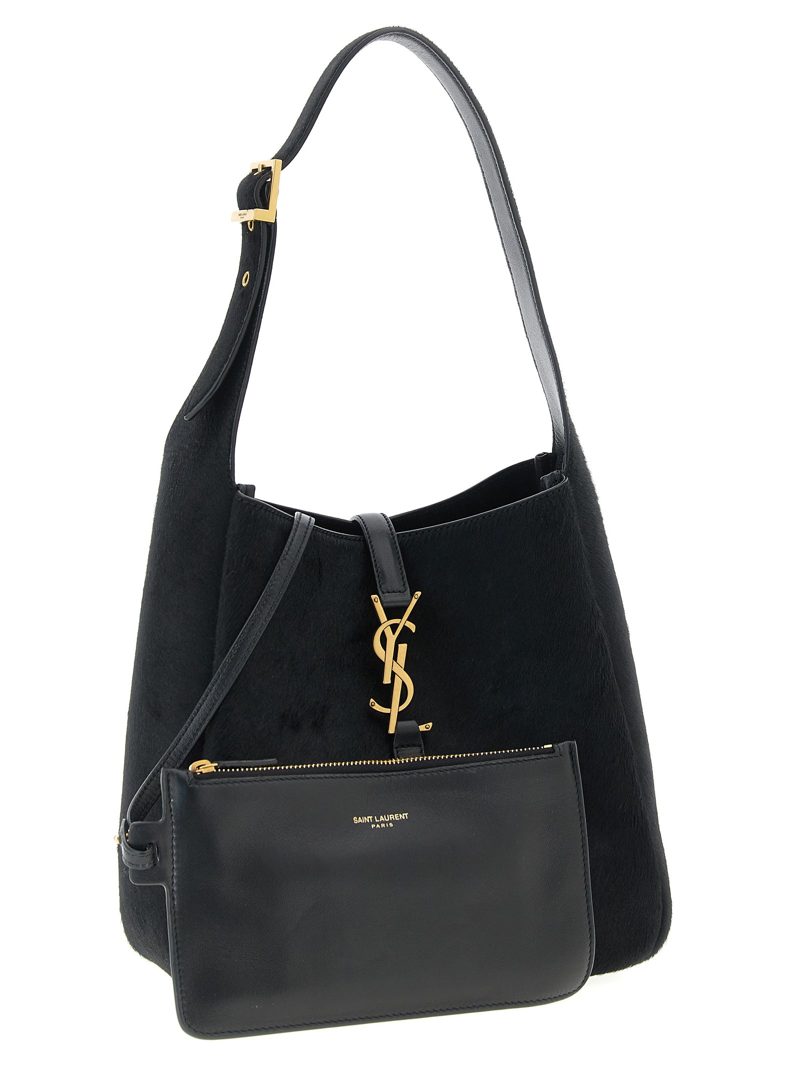 Sac à épaule en veau noir Saint Laurent, élégant et sophistiqué, avec détails en cuir et finition raffinée.
