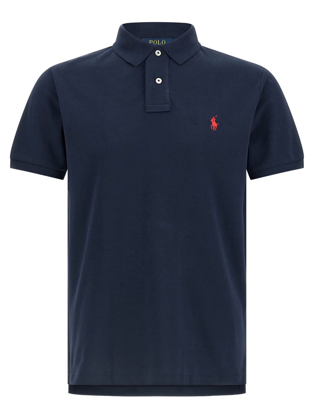 Chemise polo Ralph Lauren en coton bleu, classique et élégante, avec col et boutons, portée décontractée.