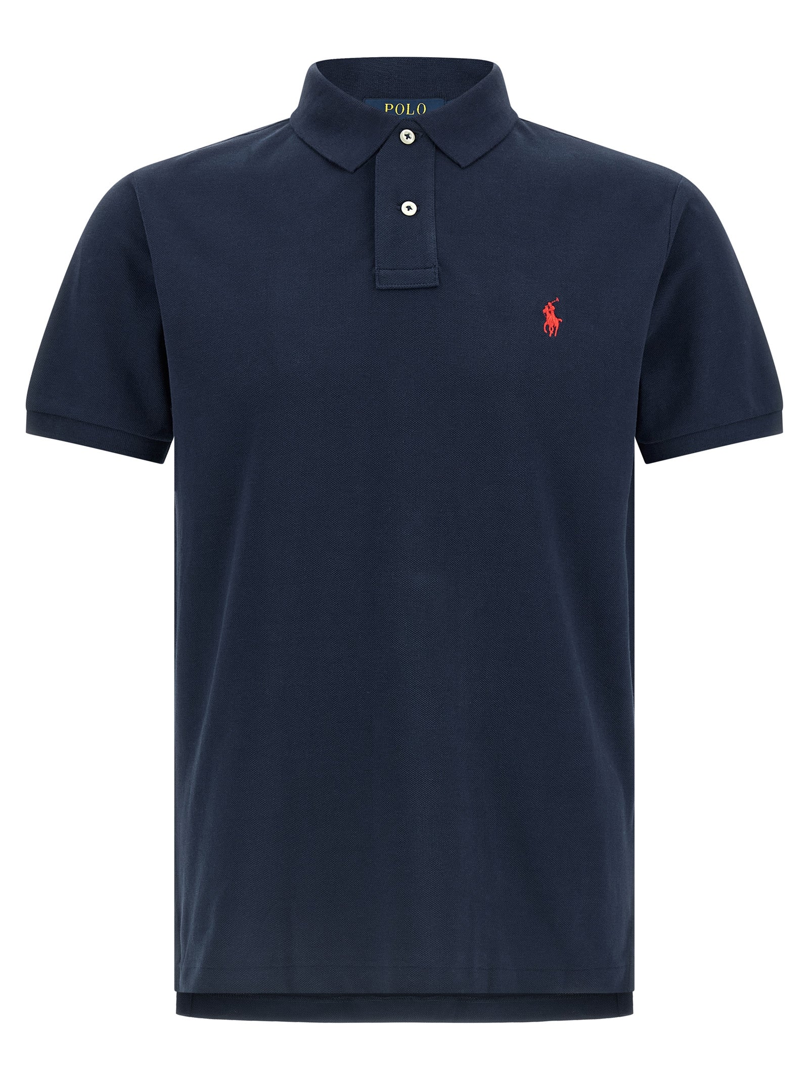 Chemise polo Ralph Lauren en coton bleu, classique et élégante, avec col et boutons, portée décontractée.