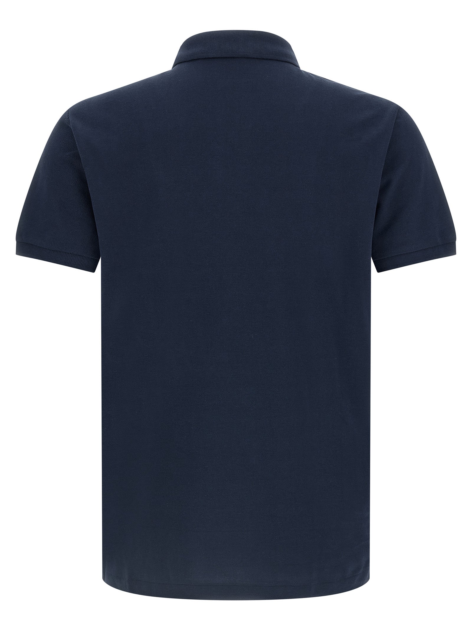 Chemise polo Ralph Lauren en coton bleu, vue de face, avec col classique et logo emblématique sur la poitrine.