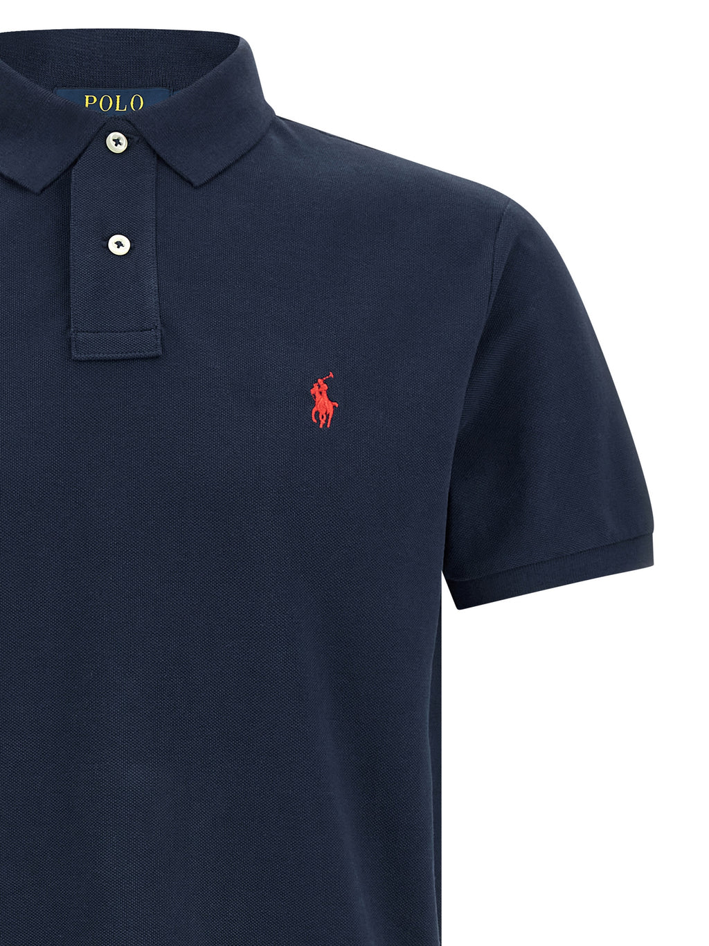 Chemise polo Ralph Lauren en coton bleu, coupe classique, avec col et boutons, vue de face.