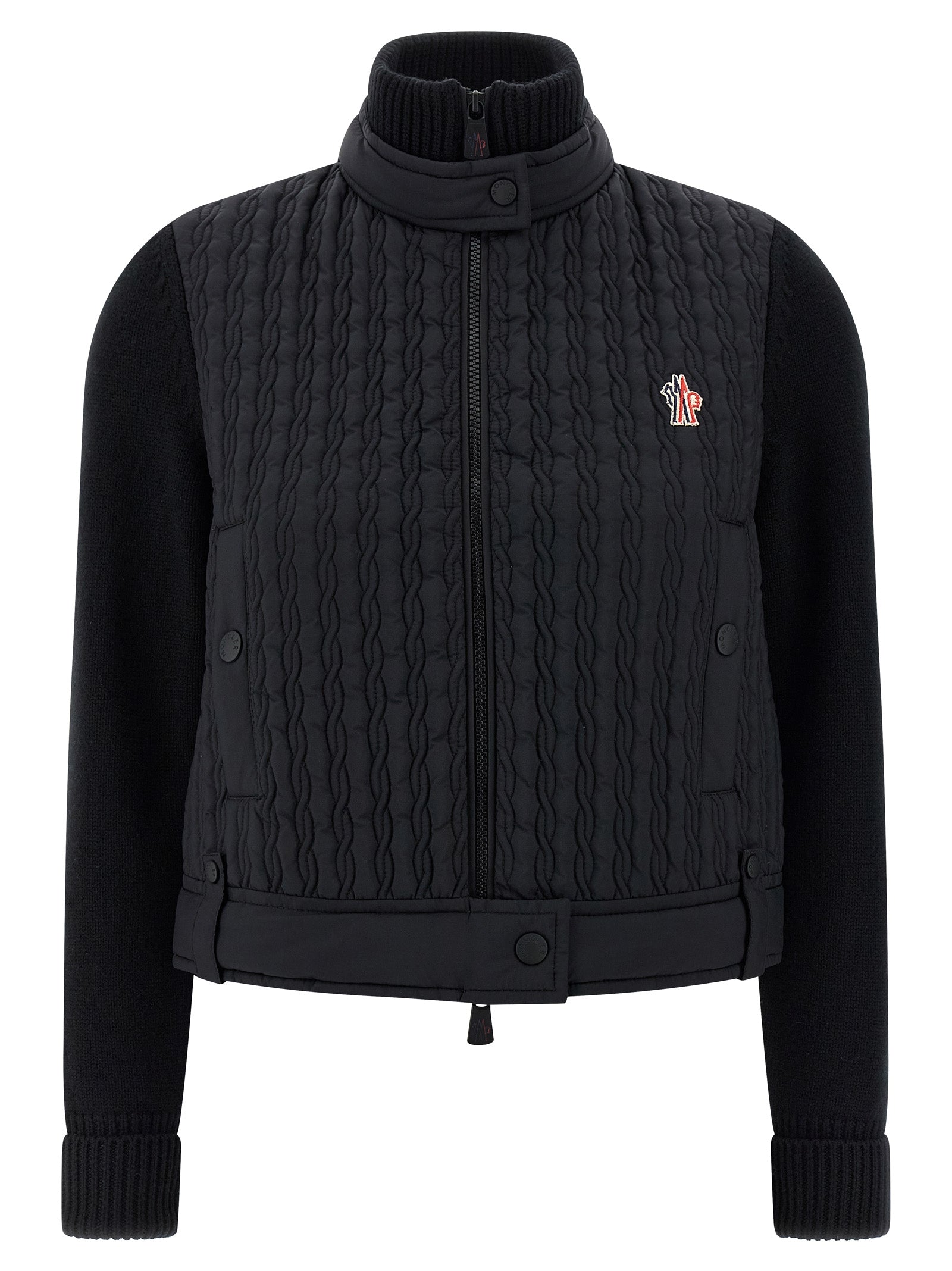 Cardigan en polyamide noir Moncler Grenoble avec fermeture éclair et col montant, présenté sur un mannequin.