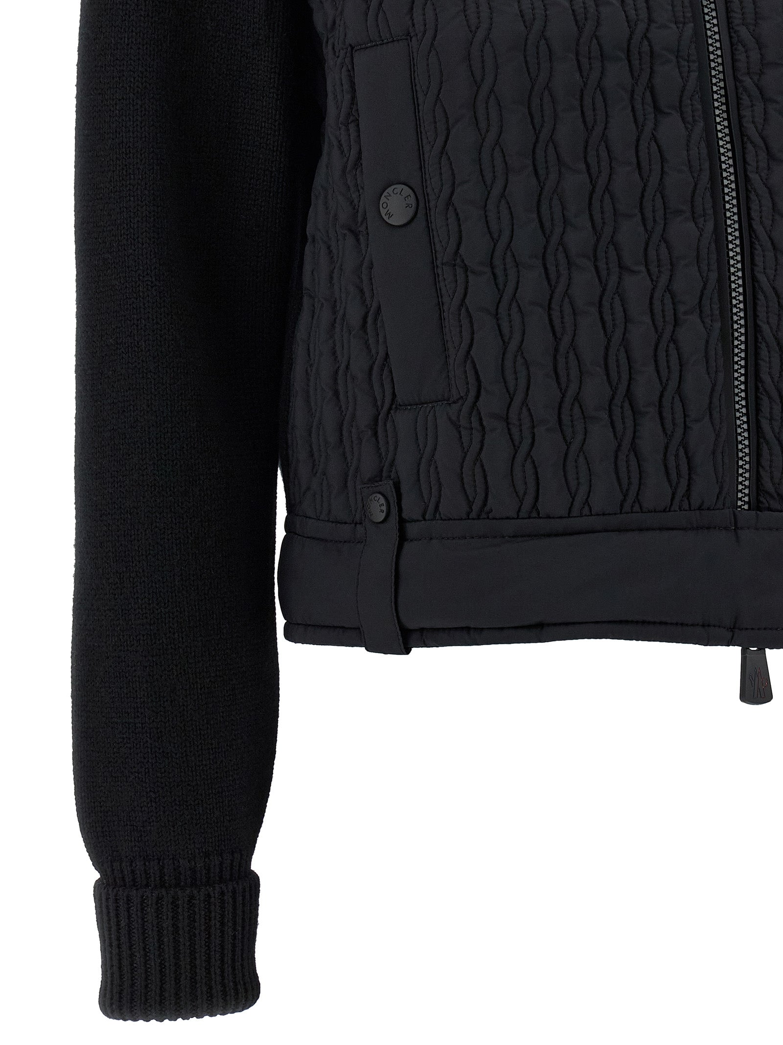 Cardigan en polyamide noir Moncler Grenoble, léger et chaud, avec fermeture éclair et col montant, pour homme ou femme.