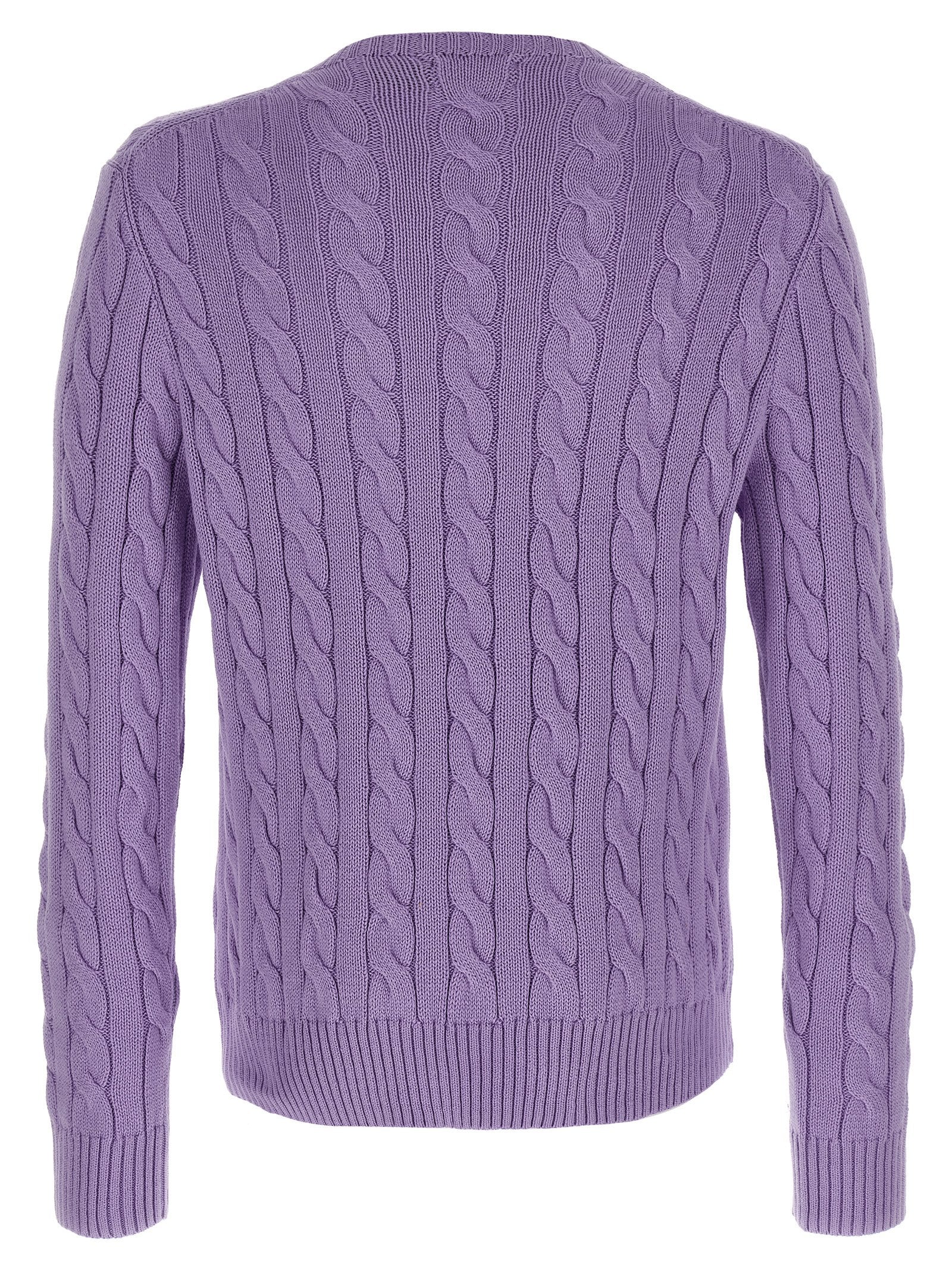 Gilet en coton violet Polo Ralph Lauren avec col en V et boutons, porté sur un mannequin.