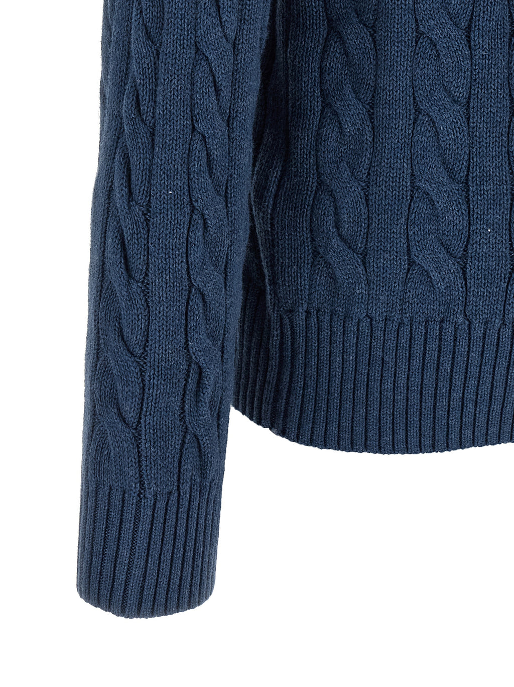 Cardigan en coton bleu Polo Ralph Lauren avec col en V et boutons, porté sur un mannequin.