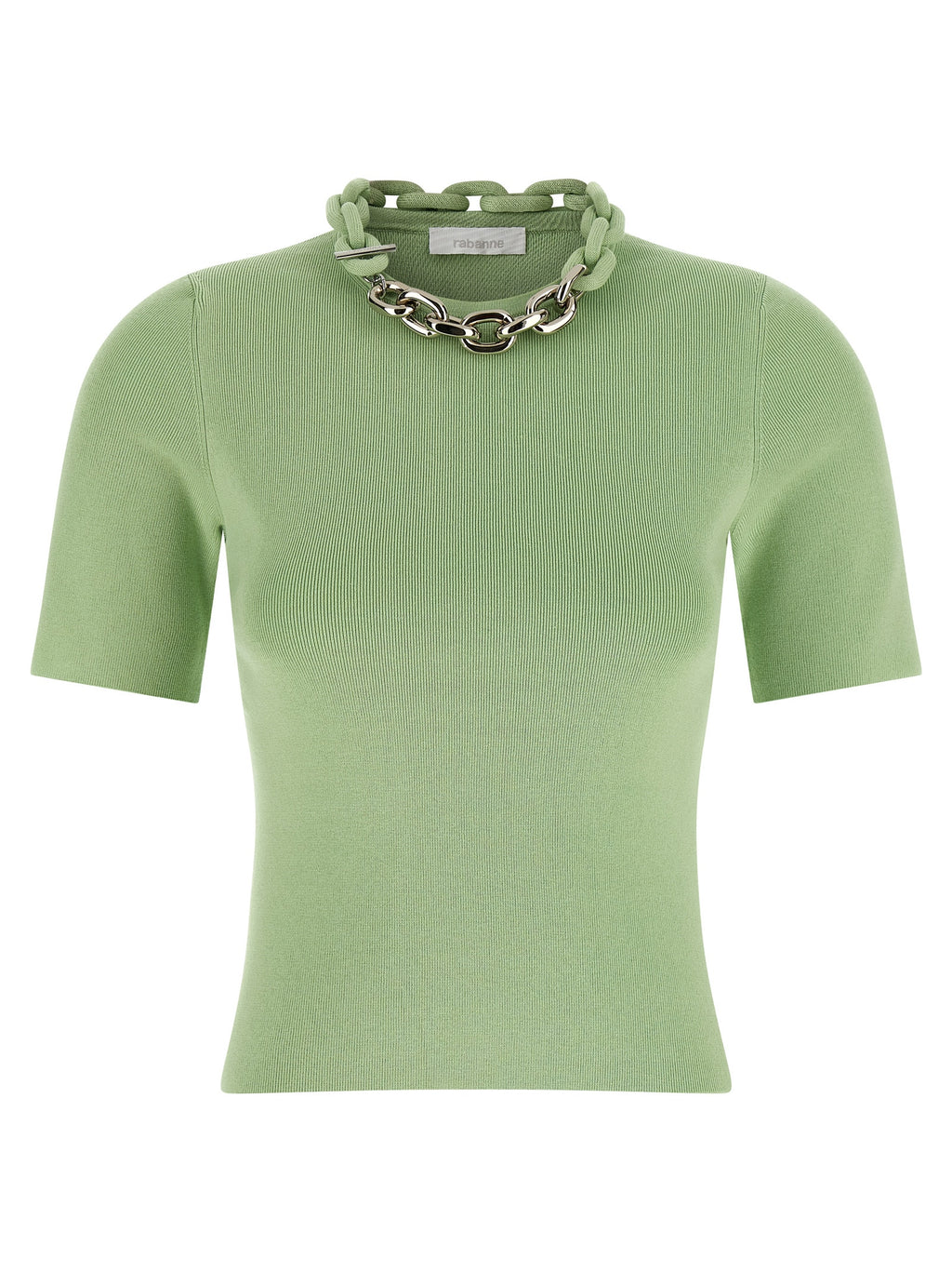 T-shirt bicolore en textile Paco Rabanne avec logo sur la poitrine, moderne et élégant, vue de face.