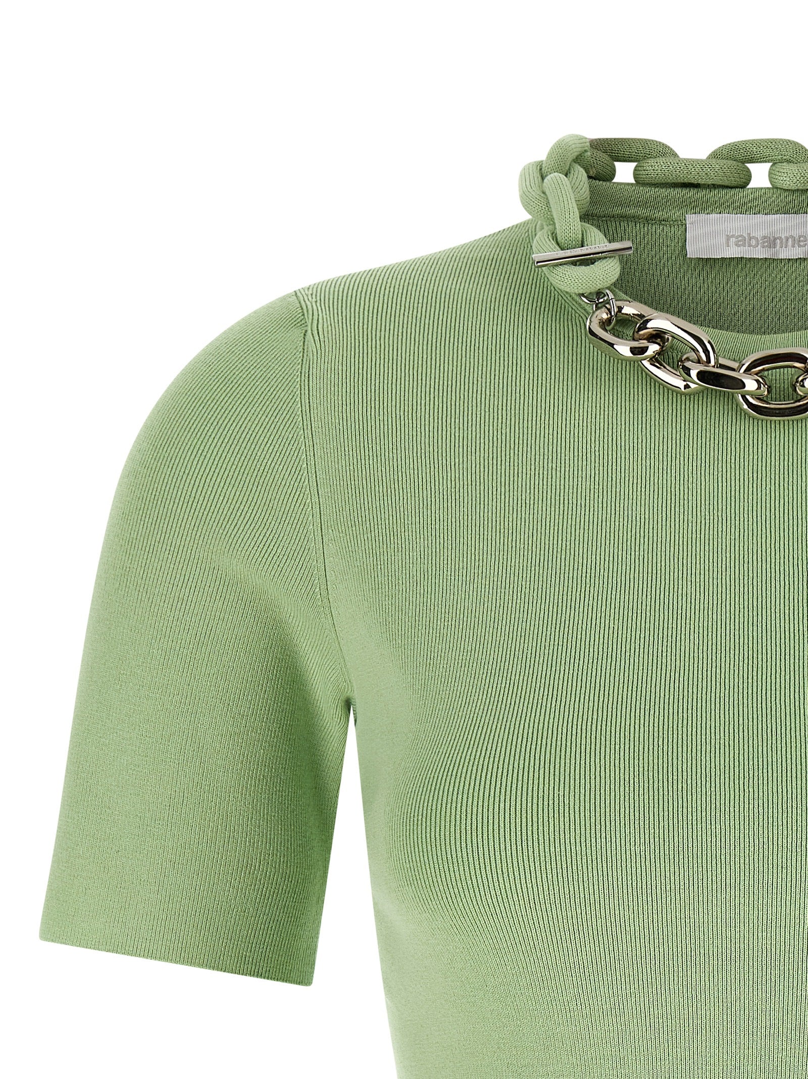 T-shirt bicolore en textile Paco Rabanne, style moderne avec design élégant, porté sur un mannequin.