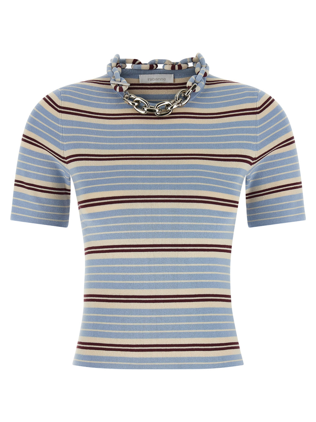 T-shirt en textile bleu Paco Rabanne, coupe décontractée, porté par un mannequin, vue de face.