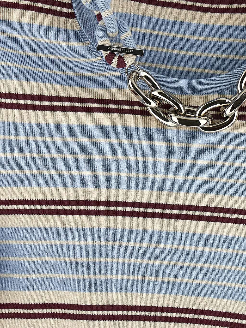 T-shirt bleu textile Paco Rabanne, coupe classique, col rond, logo discret, porté sur mannequin blanc.