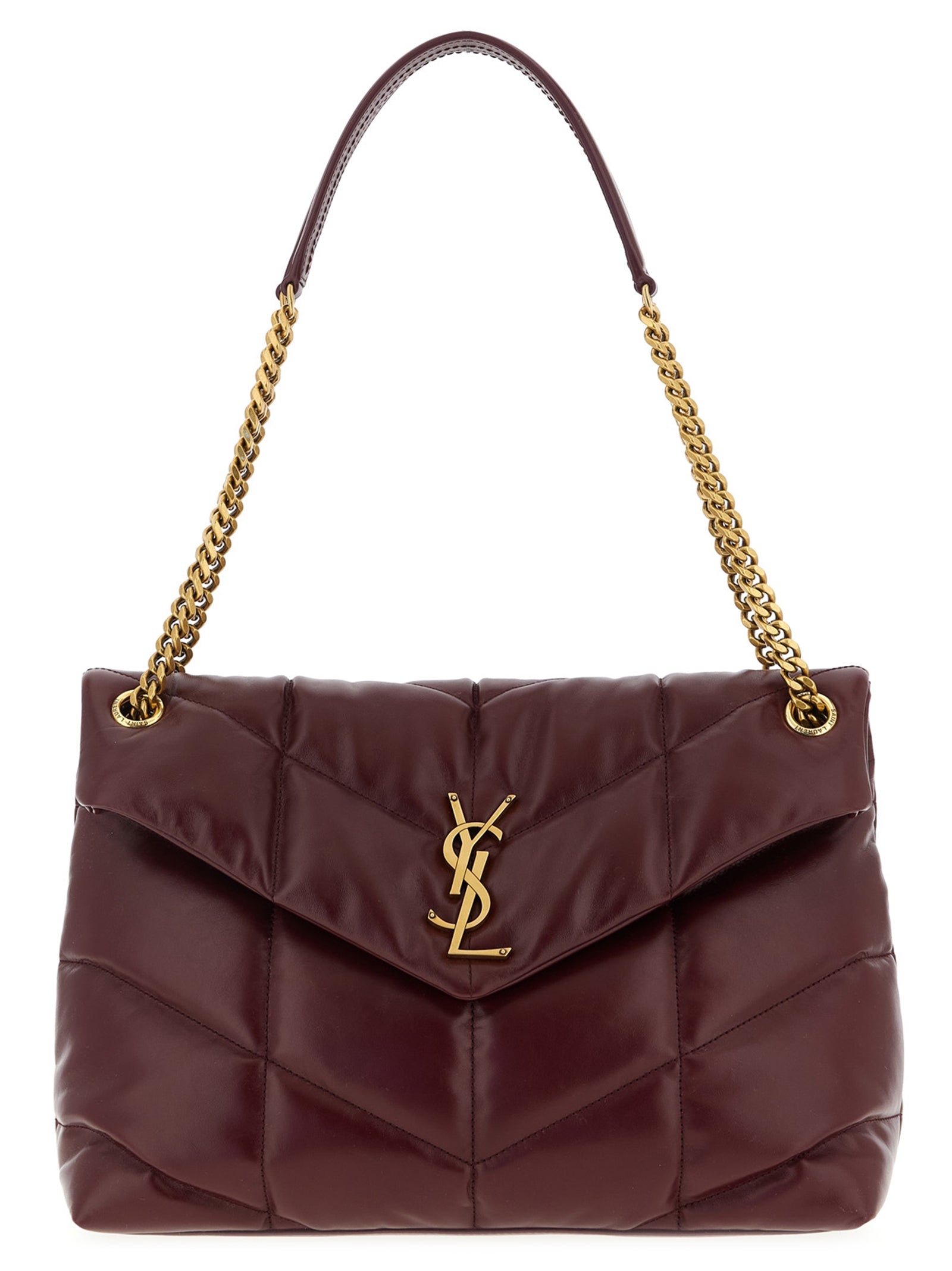 Sac à bandoulière Saint Laurent en cuir de veau bordeaux, élégant et sophistiqué, avec détails raffinés.