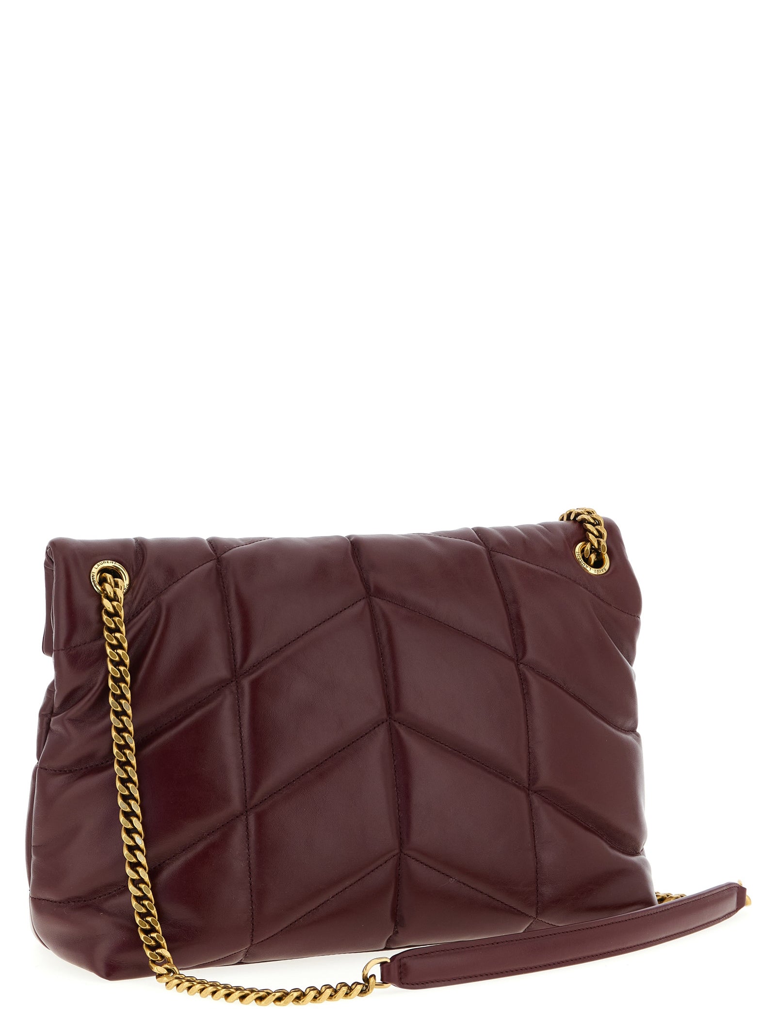 Sac à bandoulière Saint Laurent en cuir de veau bordeaux, élégant et sophistiqué, avec détails de finition raffinés.