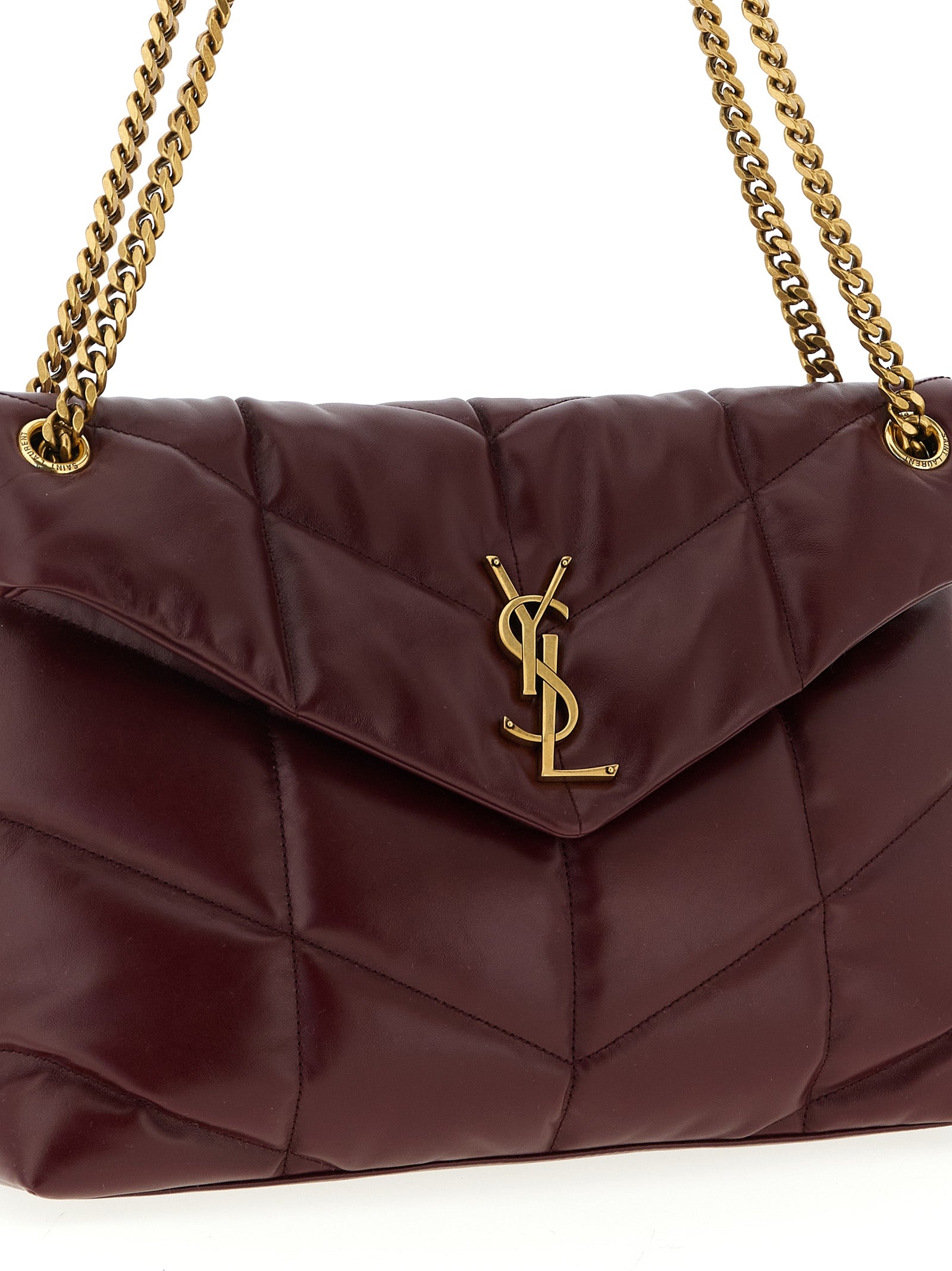 Sac à bandoulière en cuir de veau bordeaux Saint Laurent, élégant et sophistiqué, avec détails en métal doré.