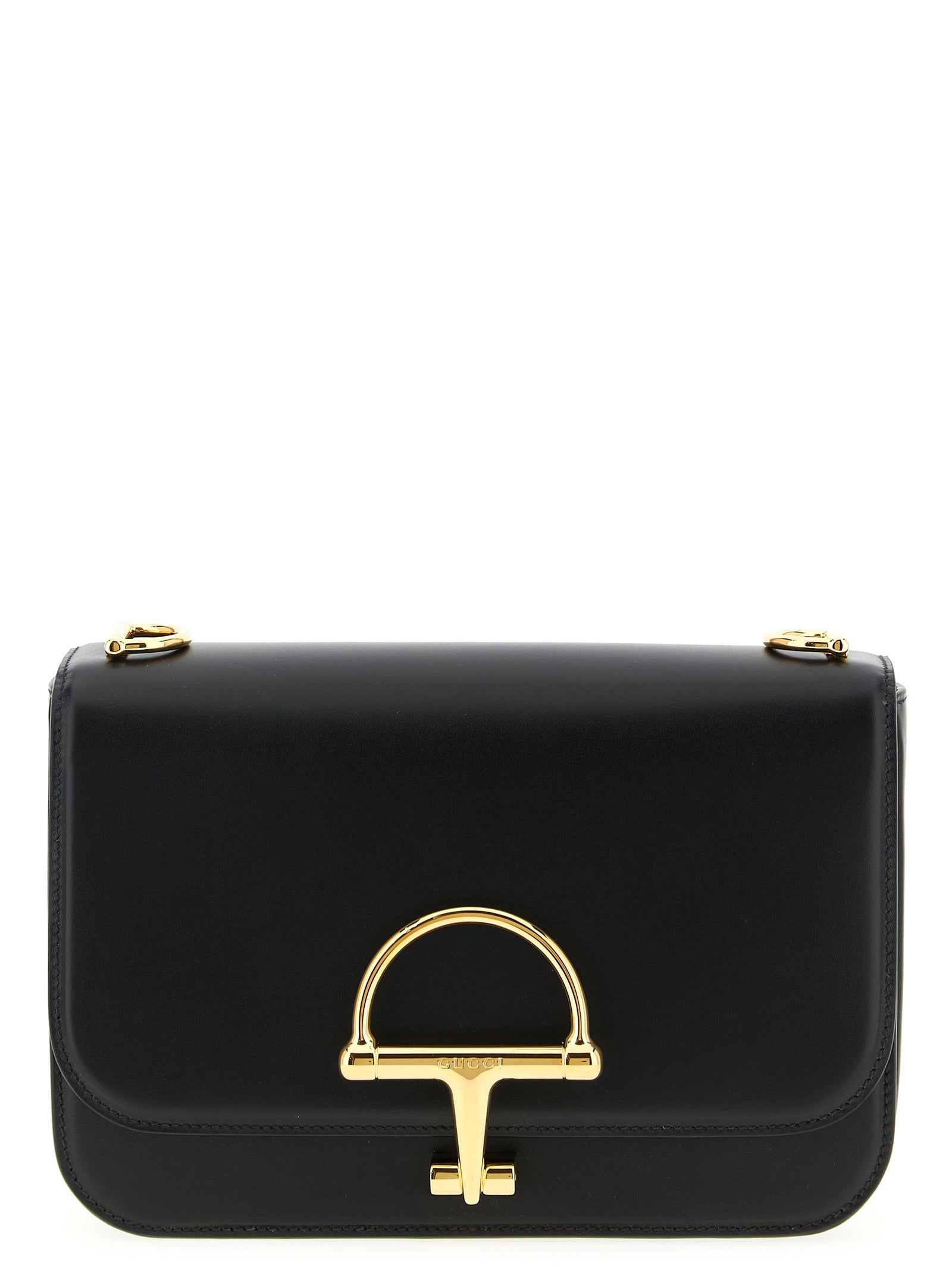 Sac à bandoulière Gucci en cuir de veau noir, élégant et sophistiqué, avec détails en métal doré et finition soignée.