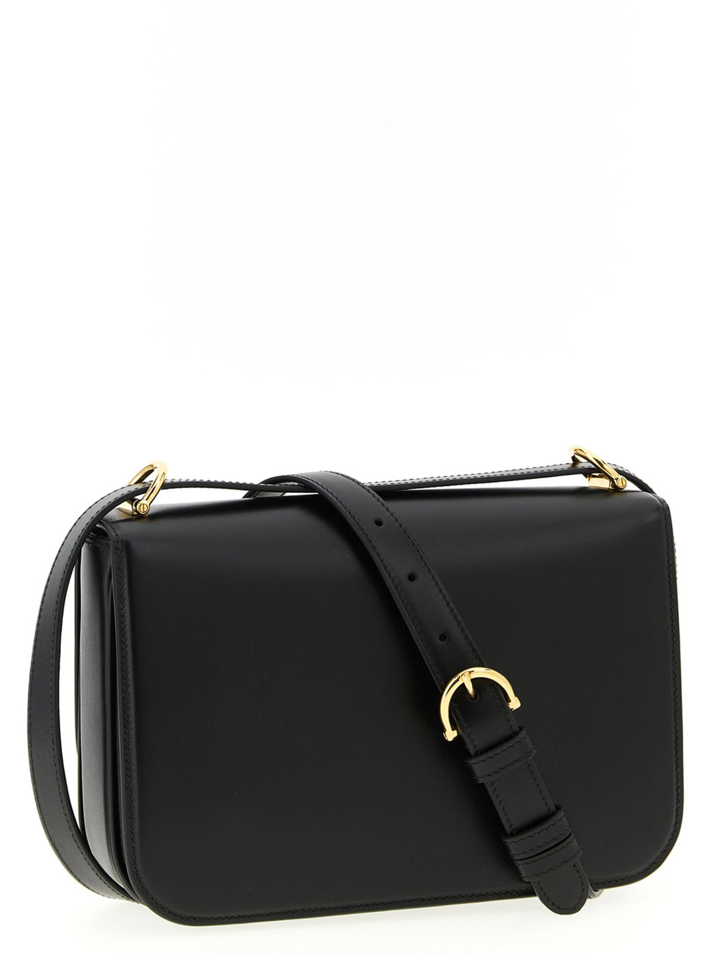 Sac à bandoulière en cuir de veau noir de Gucci, avec détails élégants et fermeture métallique visible.