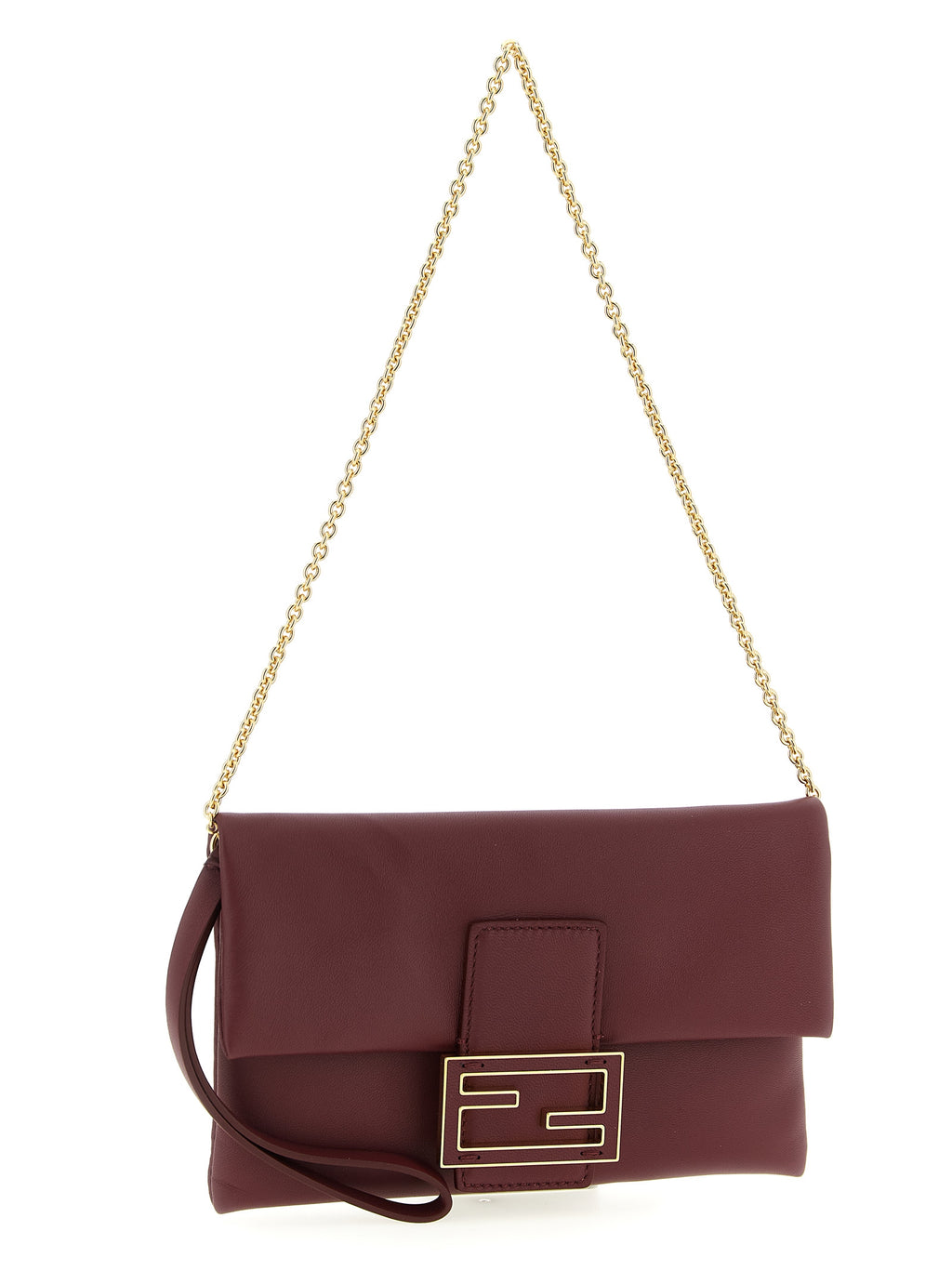 Sac clutch Fendi en cuir d’agneau bordeaux avec détails élégants, idéal pour une occasion spéciale.