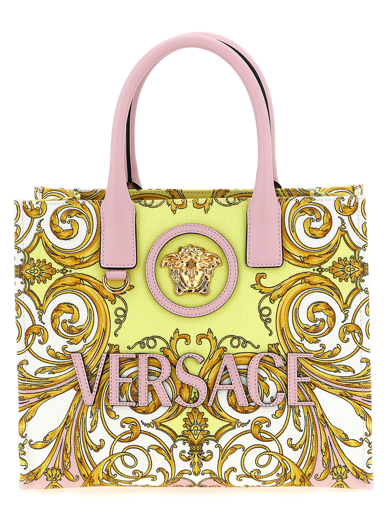 Sac cabas en coton multicolore Versace avec logo emblématique, parfait pour un look élégant et tendance.