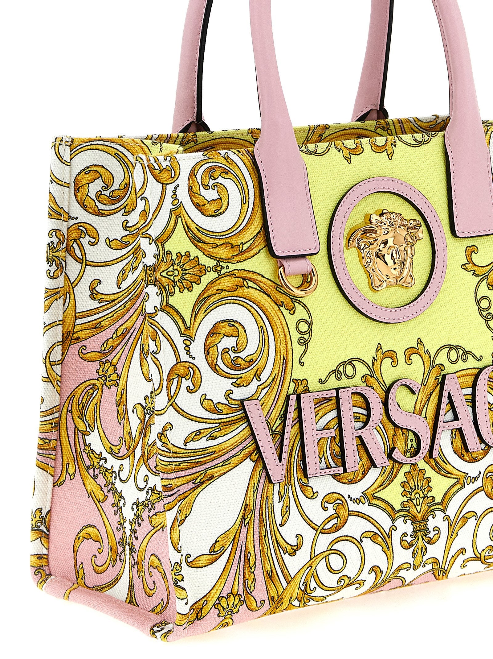 Sac Tote en coton multicolore de Versace, avec logo emblématique et design élégant, idéal pour un style sophistiqué.
