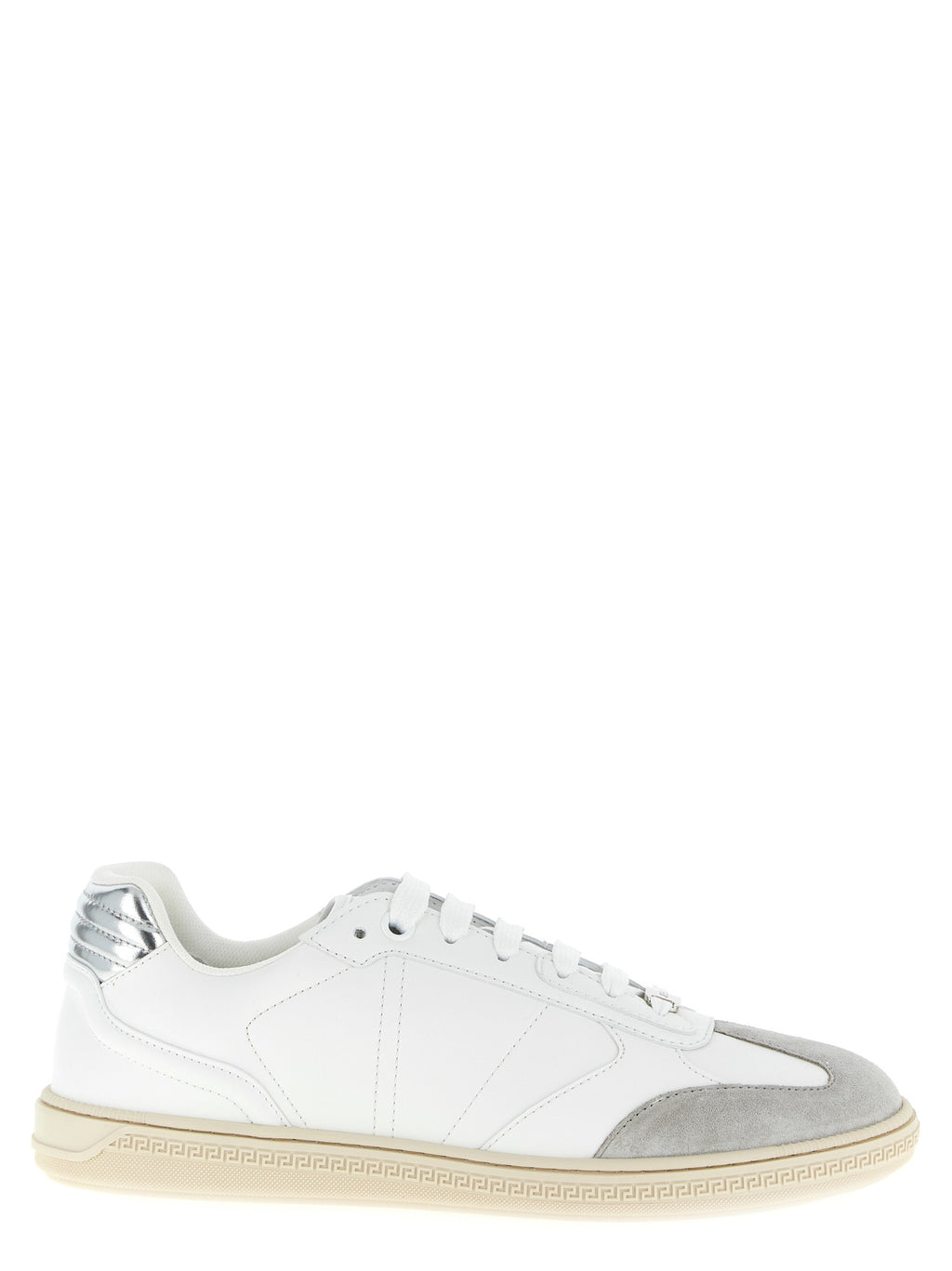 Basket en cuir blanc Versace pour homme, chaussures basses à lacets avec logo distinctif.