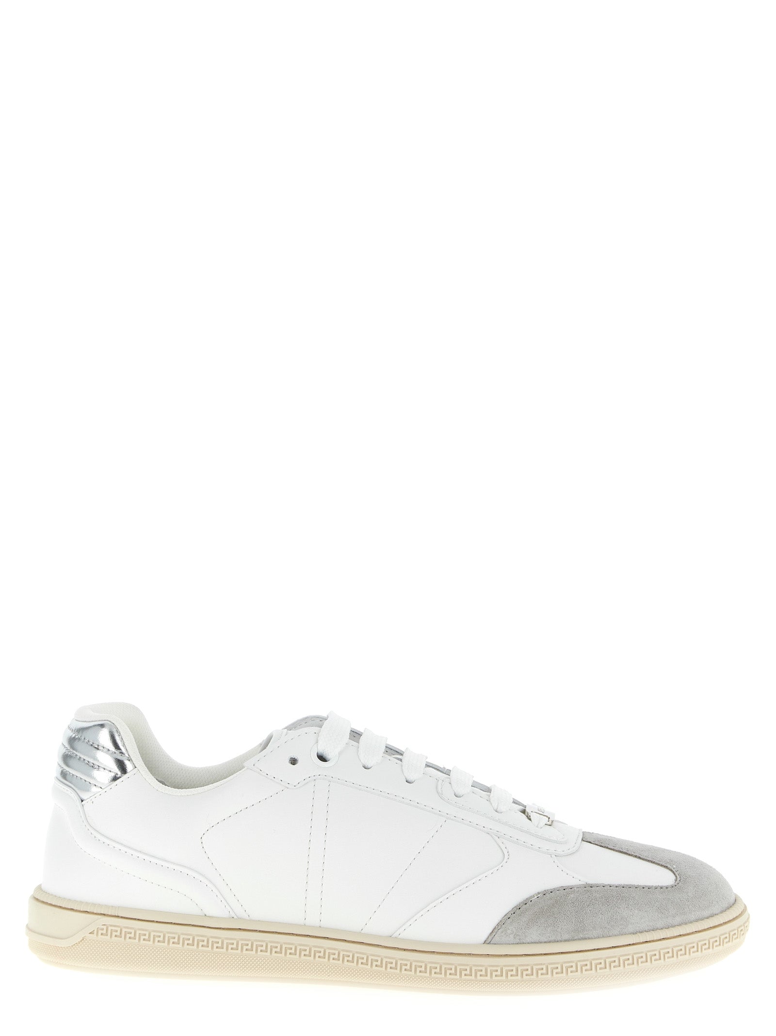Basket en cuir blanc Versace pour homme, chaussures basses à lacets avec logo distinctif.