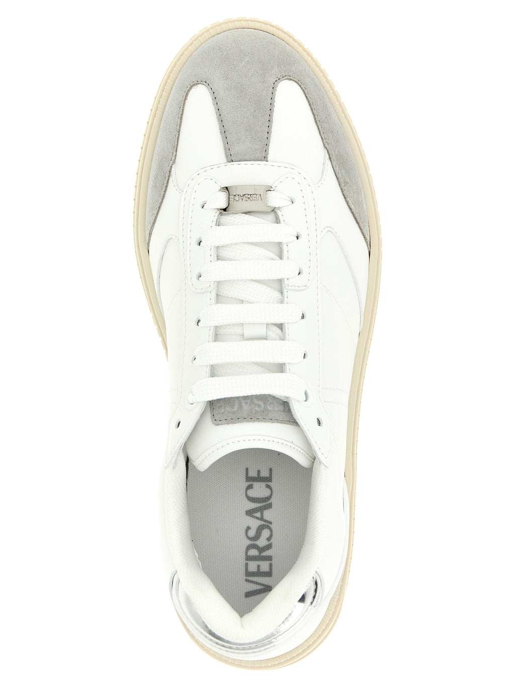 Chaussures basses en cuir de veau blanc de Versace, sneakers élégants et modernes pour homme.