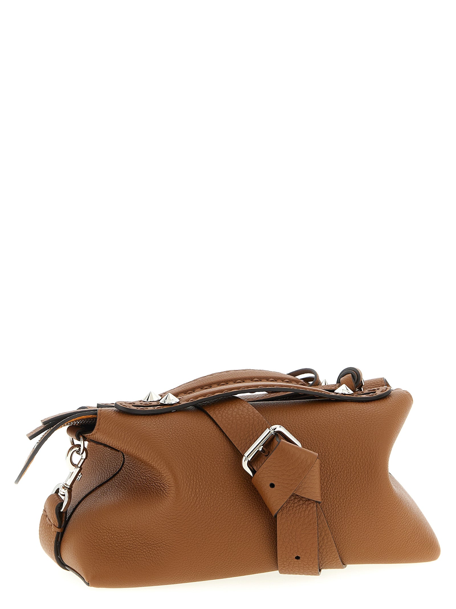 Sac à main Fendi en cuir de veau marron, élégant et sophistiqué, avec détails en or et design classique.