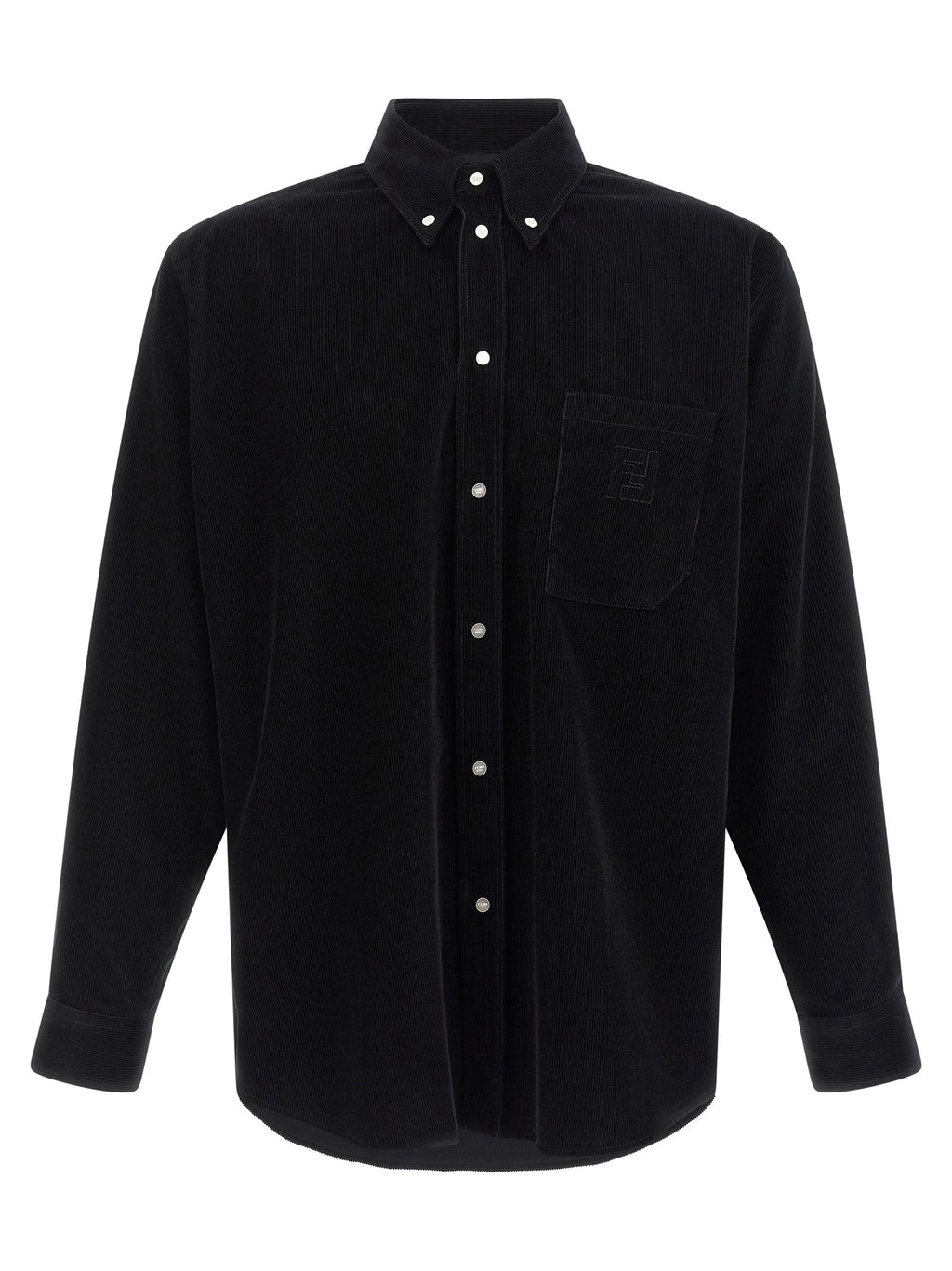 Chemise en coton noir Fendi, vue de face, avec détails de couture élégants et logo discret visible.