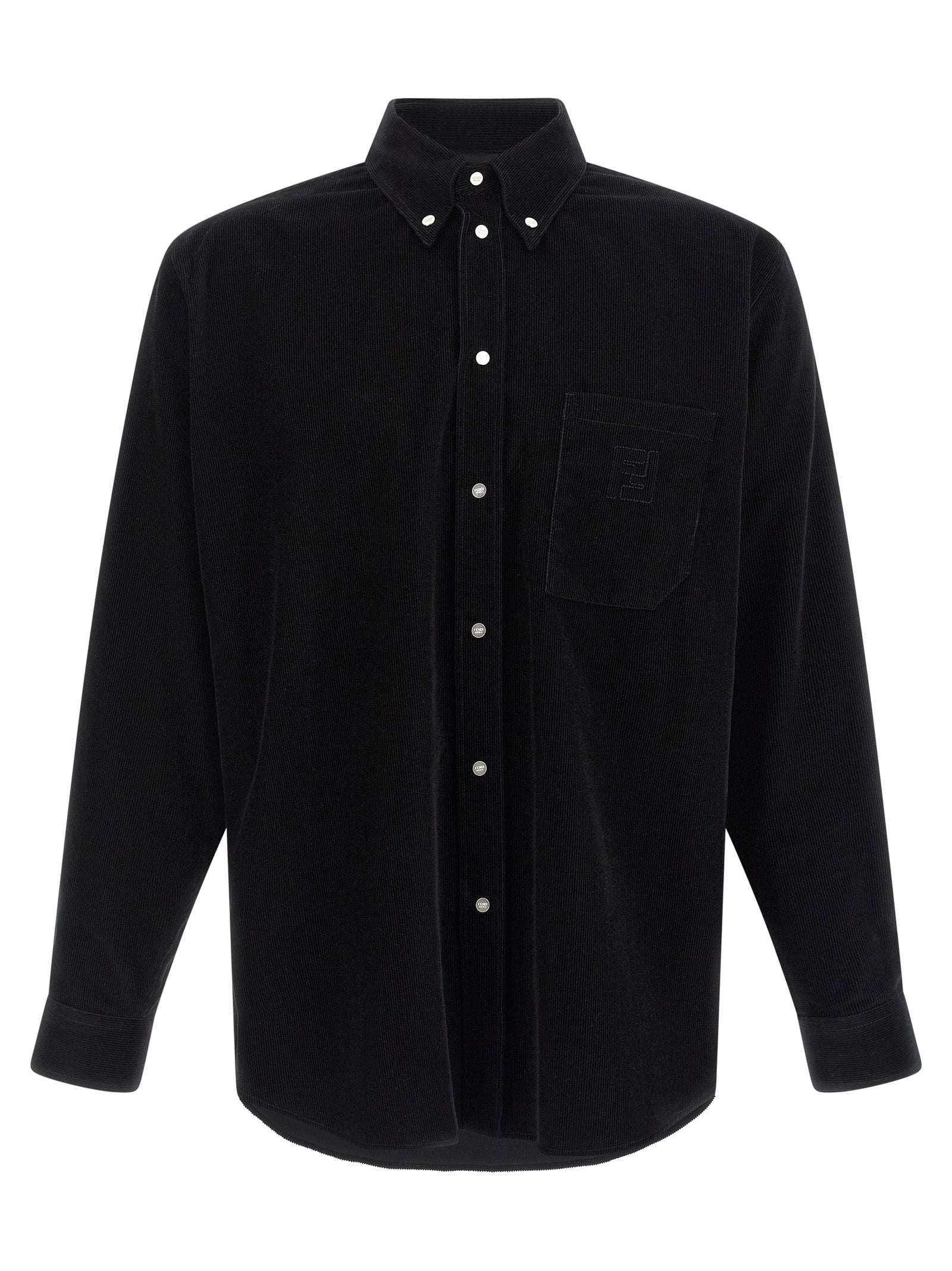 Chemise en coton noir Fendi, vue de face, avec détails de couture élégants et logo discret visible.
