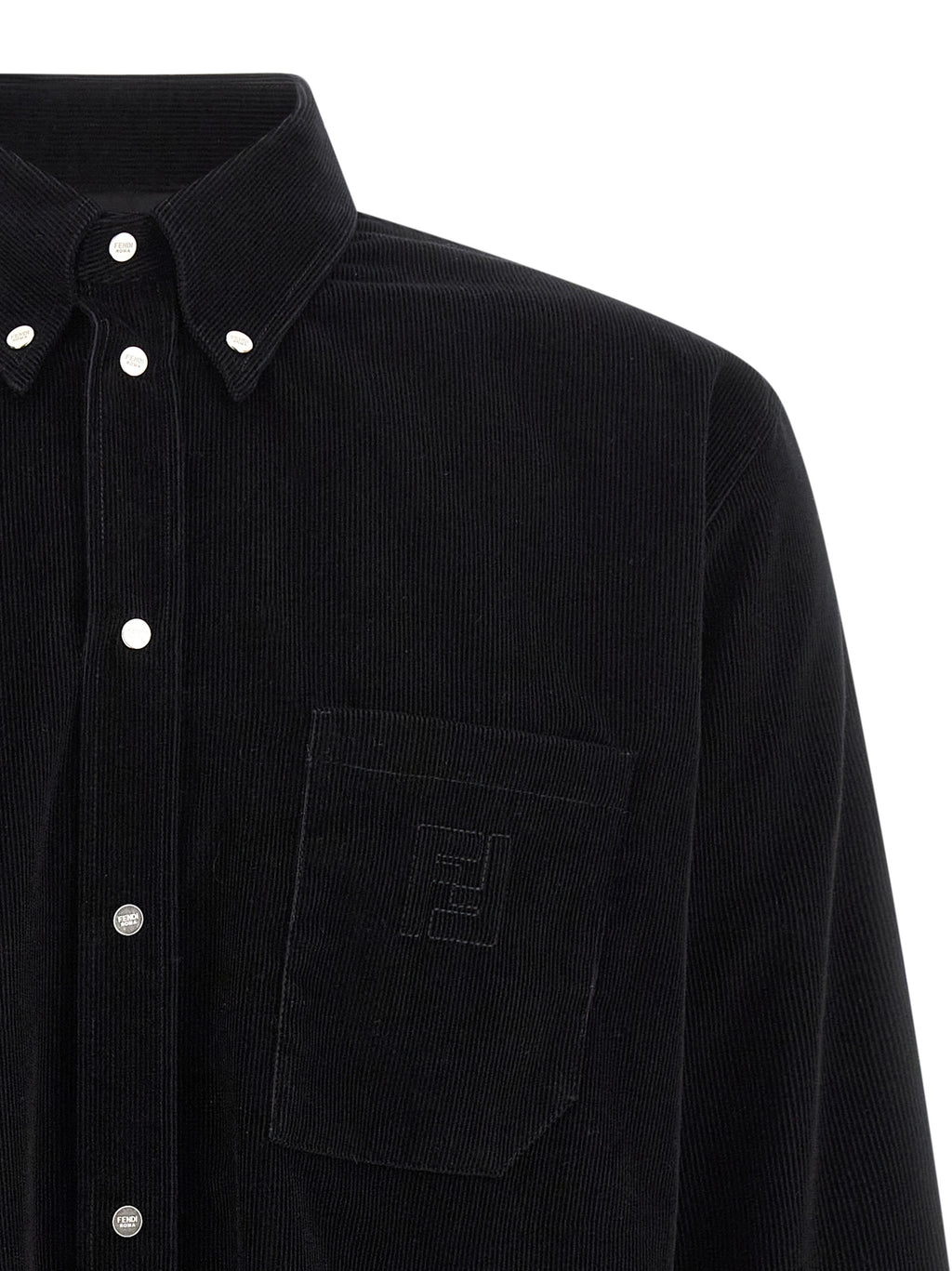 Chemise en coton noire Fendi, à manches longues et coupe élégante, visible en gros plan sur fond neutre.