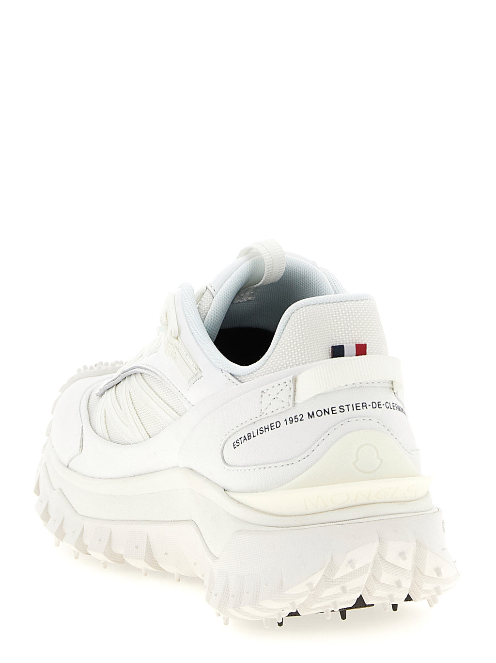 Chaussures de sport Moncler en polyamide blanc, baskets athlétiques légères et confortables pour hommes.