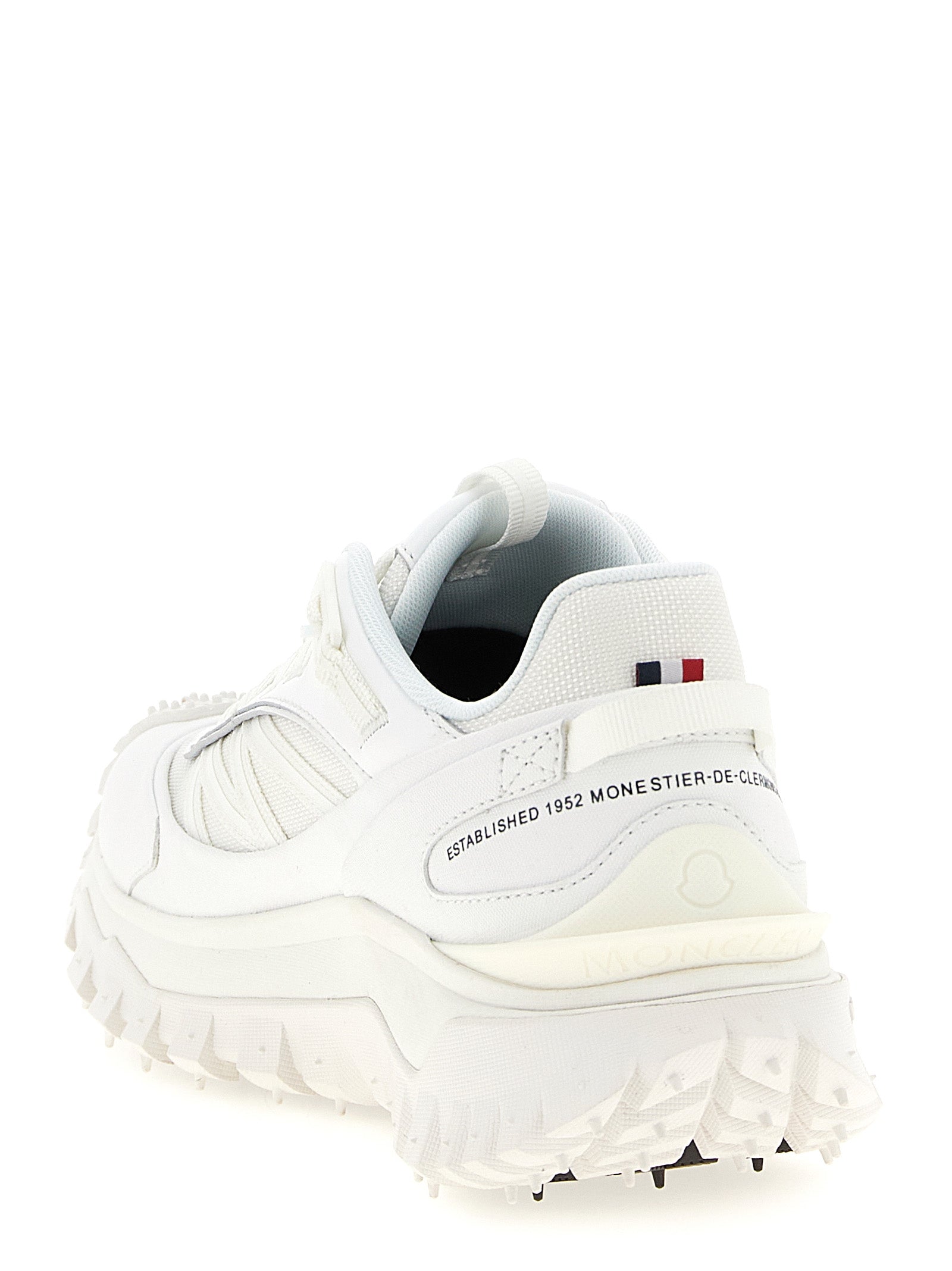 Chaussures de sport Moncler en polyamide blanc, baskets athlétiques légères et confortables pour hommes.