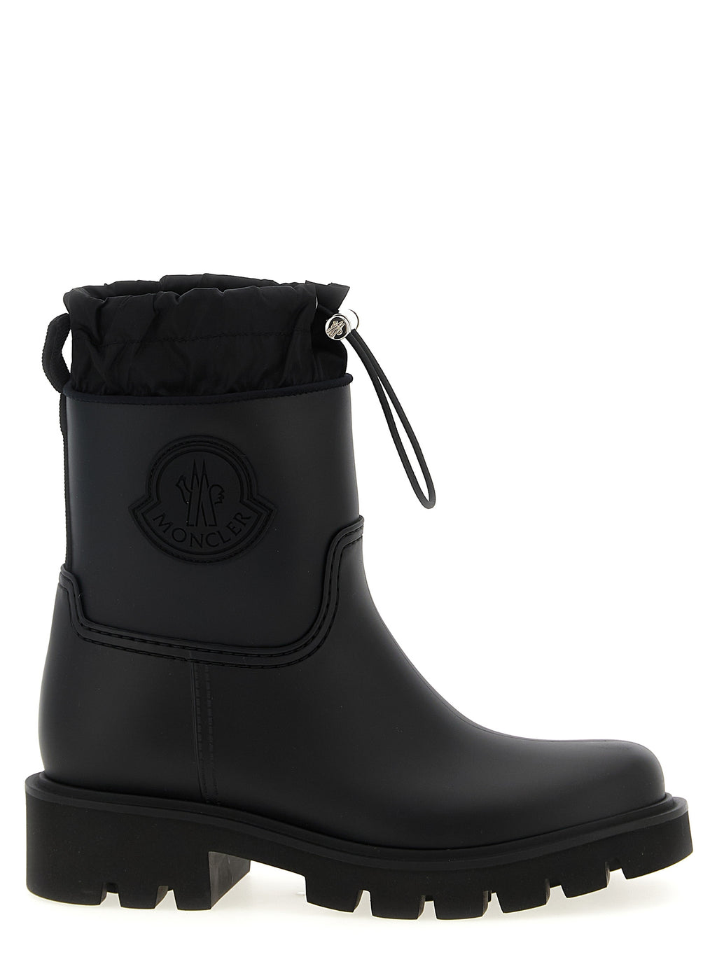 Bottes Moncler noires en PVC, ankle hautes, avec semelle antidérapante et design élégant.