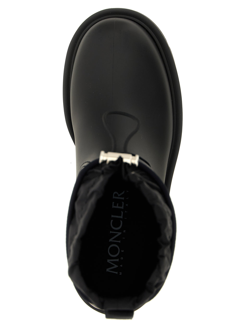 Bottes montantes en PVC noir Moncler pour femme, avec semelle antidérapante et design élégant, visibles sur l'image.