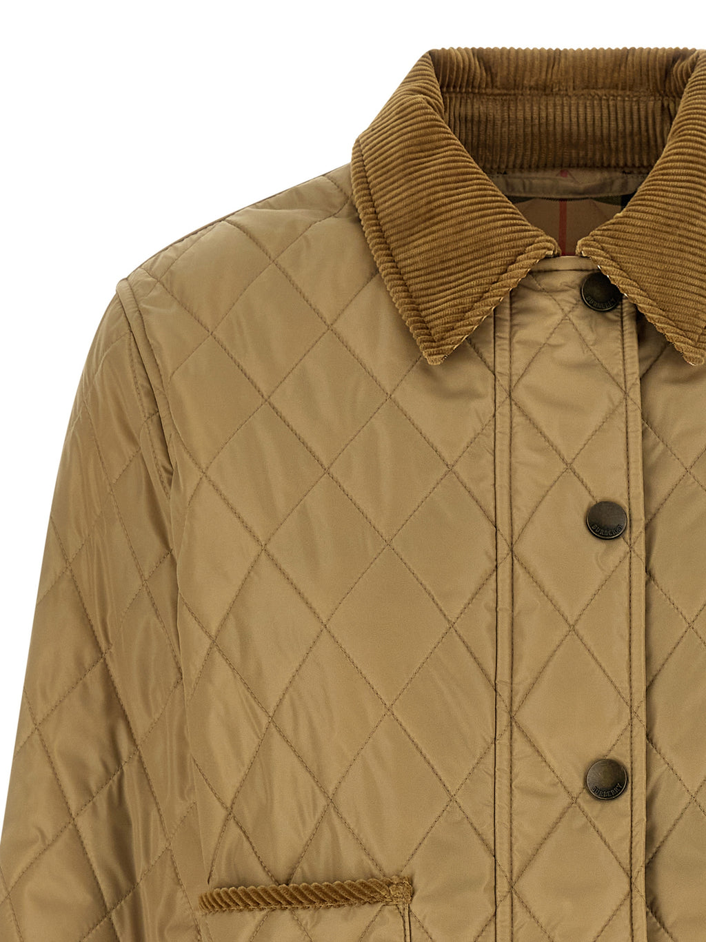 Veste beige en polyamide de Burberry, élégante et légère, avec fermeture éclair et col montant visible dans l'image.